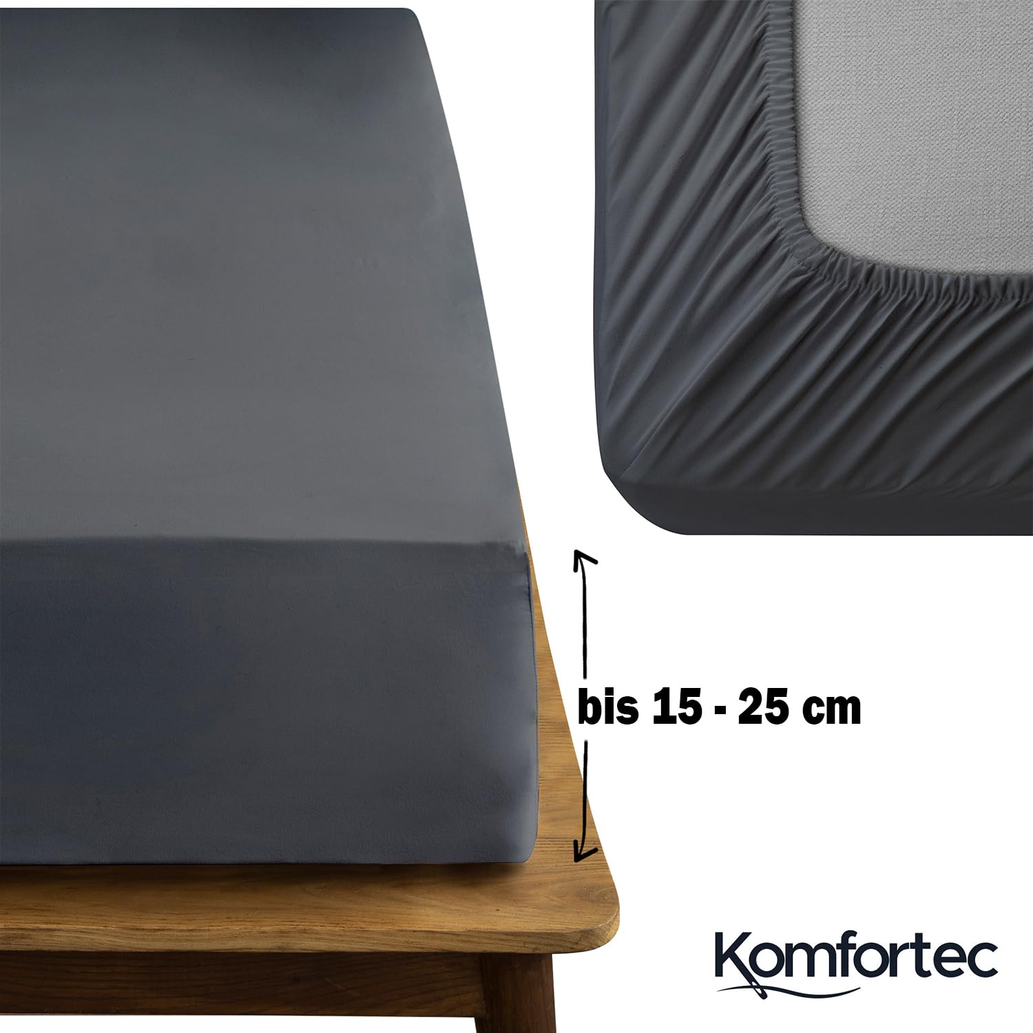 Komfortec Double Fitted Sheet 100% Cotton, 11 inch (30 cm) Deep Pocket - Charcoal - Image 4
