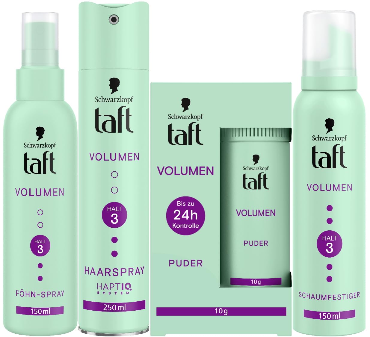 Schwarzkopf Taft Volumen Haarstyling Set - Puder (10g), Haarspray (250ml), Schaumfestiger (150ml) & Föhn-Spray (150ml) für alle Haartypen, Vegan