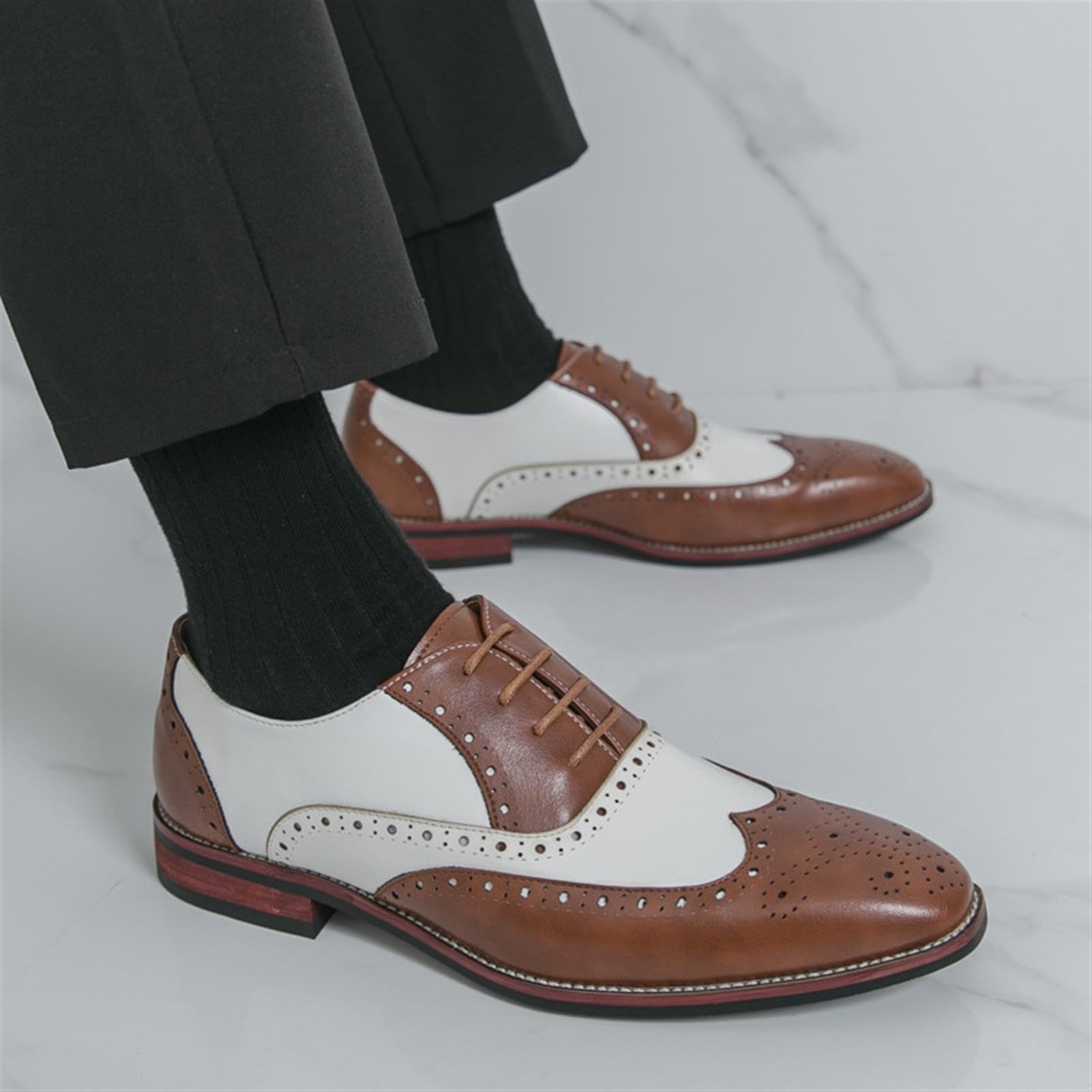 Zapatos Oxford Wingtip para Hombre, Zapatos de Vestir Brogue de Cuero de Dos Tonos, Zapatos Formales con Cordones Espectador para Boda, Fiesta o Club