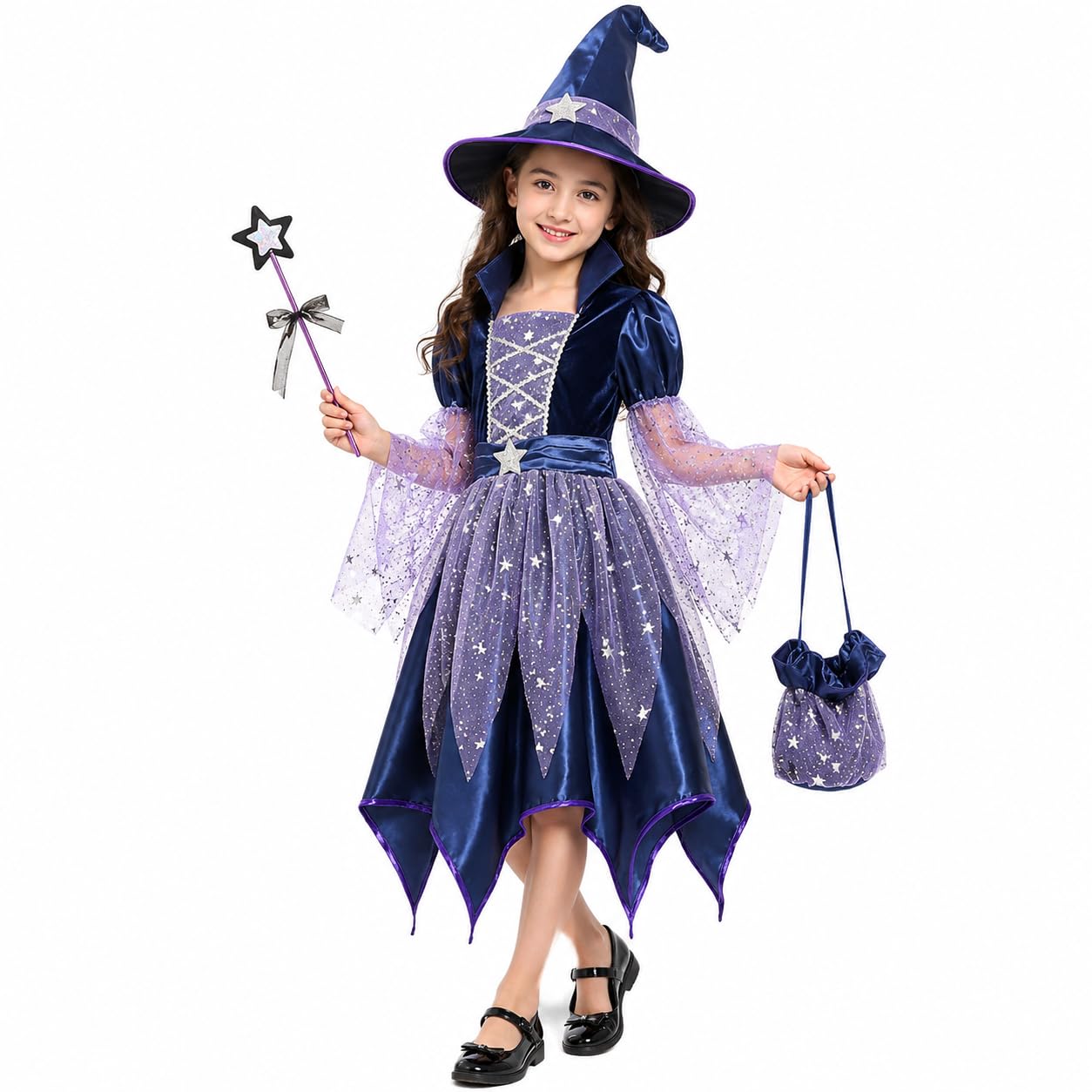 Girls Witch Costume Set Kids Halloween Cosplay Party Dress Up Toddler Fancy Dress Birthday Cotton Outfits with Hat, Magics Wand and Candy Bag Aged 3-15 Years — image 1