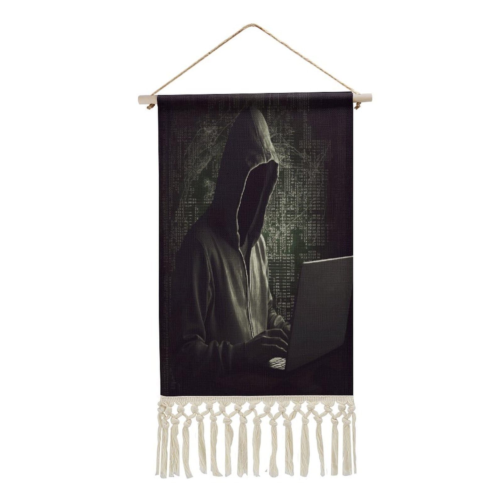VstaDank Hacker Wall Art Decor with Tassels 20"x10" Cotton Linen Hanging Tapestry Decor Wall Art Prints Wood Frame Boho Wall Art Poster for Bedroom Living Room Office