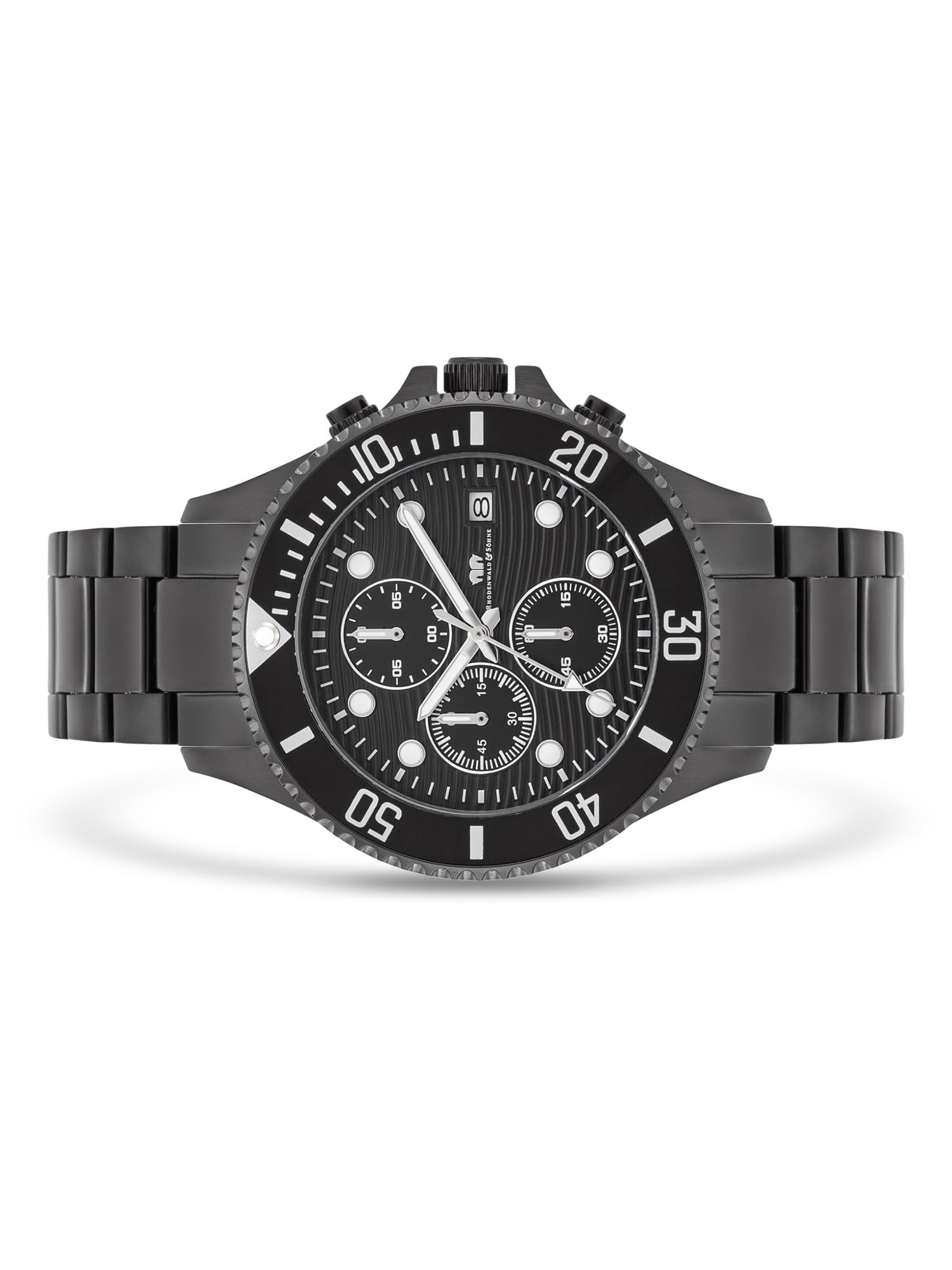 Rhodenwald & Söhne Herren Uhr Edelstahl schwarz Quarzwerk 5 ATM | Edelstahl Armband, schwarz, Gliederarmband, Chronograph, Zifferblatt schwarz, Mineralglas, Armbanduhr