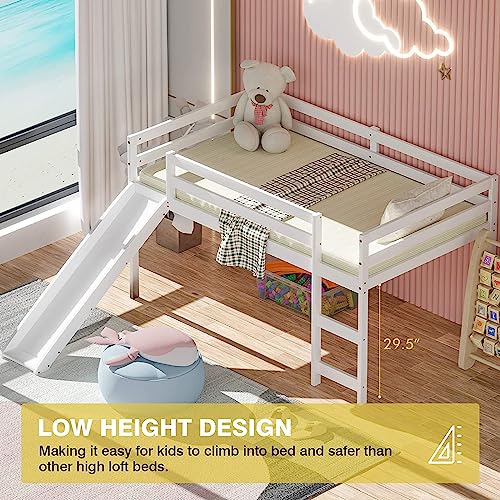 Nafort Twin Loft Bed With Slide, Low Loft Bed With Stairs, Solid Wood Twin Loft Bed Frame For Girls Boys With Climbing Ladders Guard Rails And Slat Support - White #TOP3