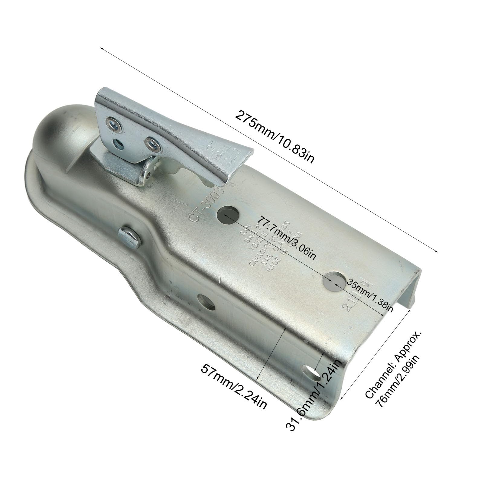 Acoplador de Remolque de Lengüeta Recta Bola de Enganche de 50 Mm Canal de 75 Mm Capacidad de Carga 3500 para Acoplamiento de Enganche de Tubo Cuadrado de 75 Mm Acoplador de