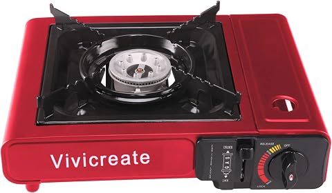 Vivicreate Portable Butane Camping Stove with Auto Ignition, 8500 BTU, Red