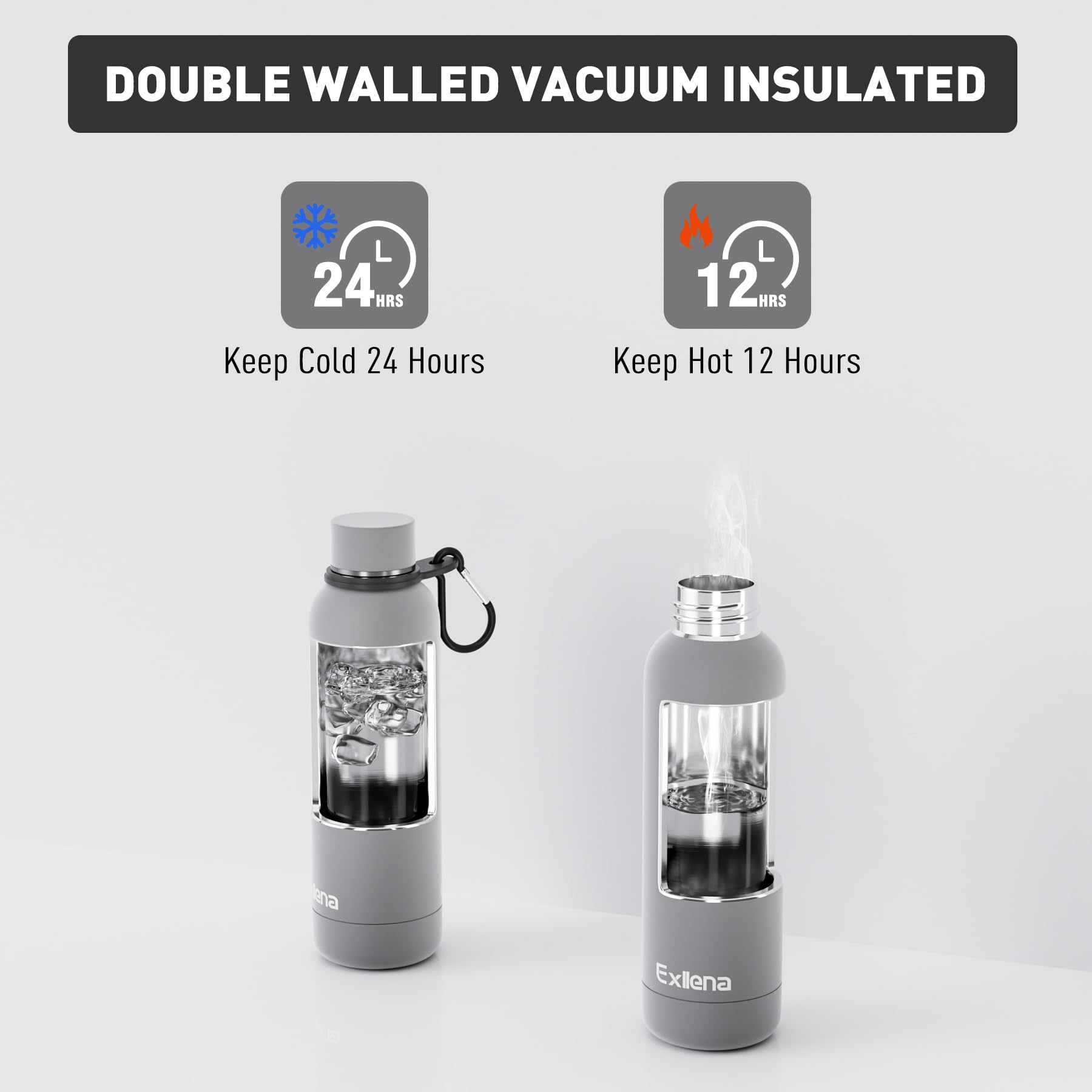 Exllena Insulated Water Bottles 500ml with Clip, Double Wall Vacuum Drinks Bottle Keeps Drinks Cold 24 Hrs/Hot 12 Hrs - Image 3