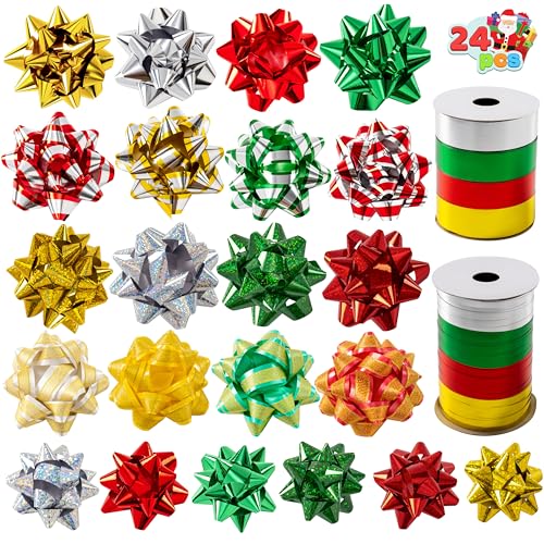 JOYIN 24 piezas de lazos de Navidad y cintas para regalos, 48 lazos autoadhesivos multicolores de varios tamaños y 8 rollos de cintas rizadas