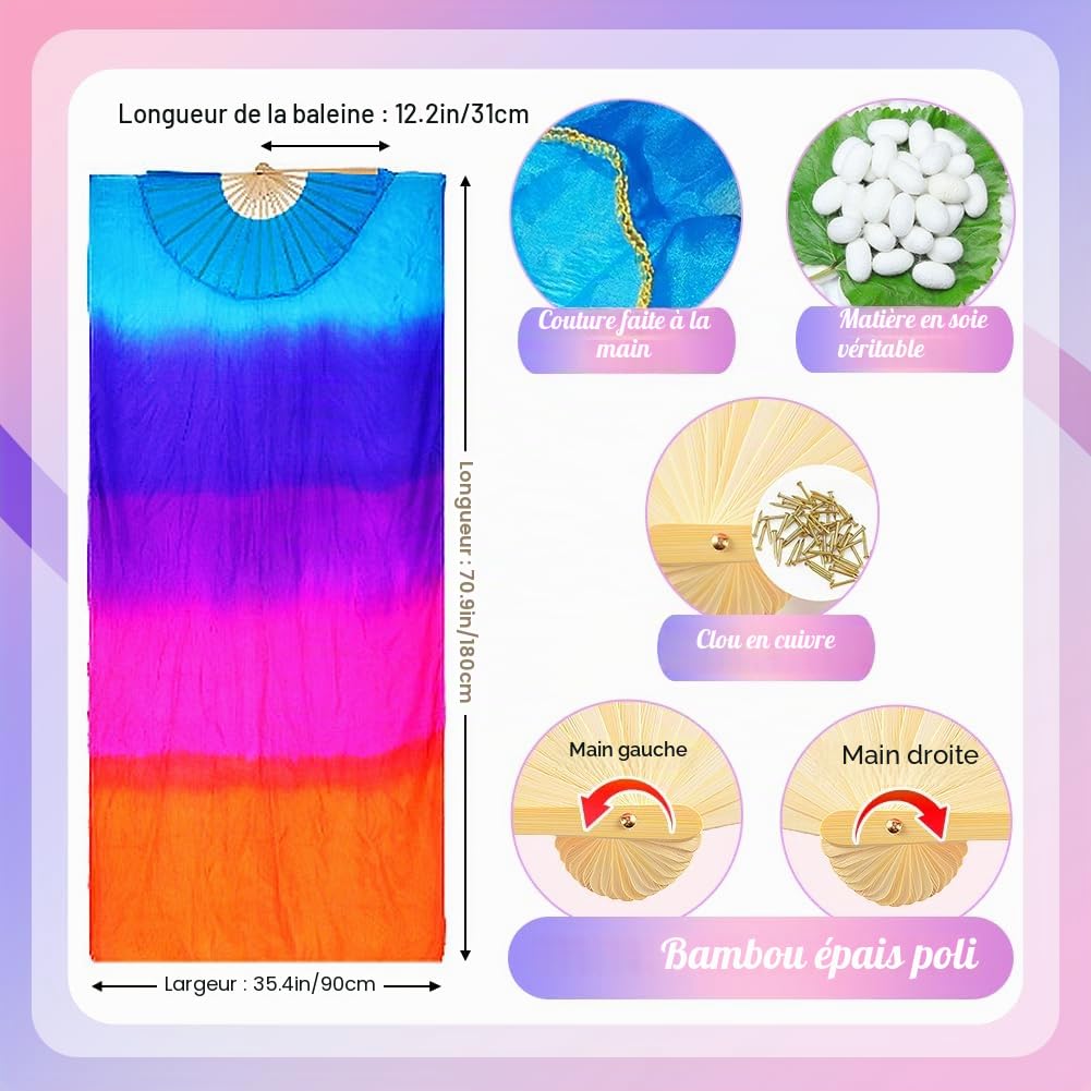1 paire de voiles de danse du ventre 100 % soie bambou 1,8 m de long (L + R)