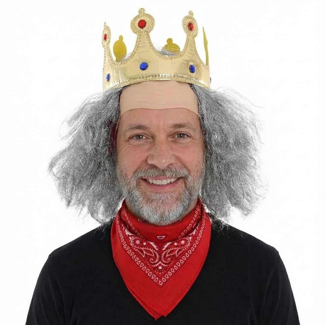 Adults Plane King Guy Costume Set – Fancy Dress Outfit with Crown, Grey Wig and Bandana – Perfect for Halloween, Parties, Theme Events and Movie or Character Cosplay