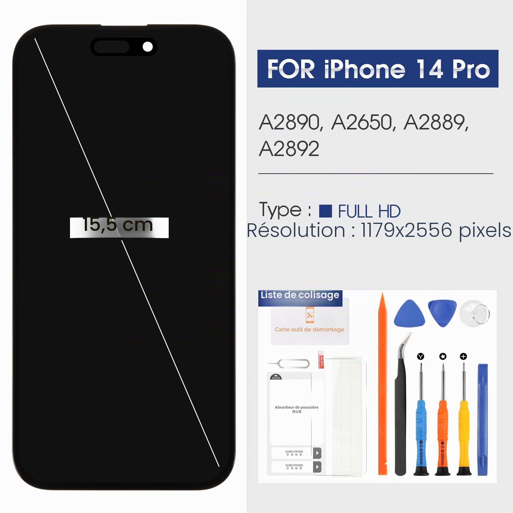 Reparo Incell LCD Écran pour iPhone 14 Pro Display - Ecran pour iPhone14 Pro LCD Display Écran Tactile Digitizer Assembly Kit de Réparation (modèles : A2890, A2650, A2889, A2892)