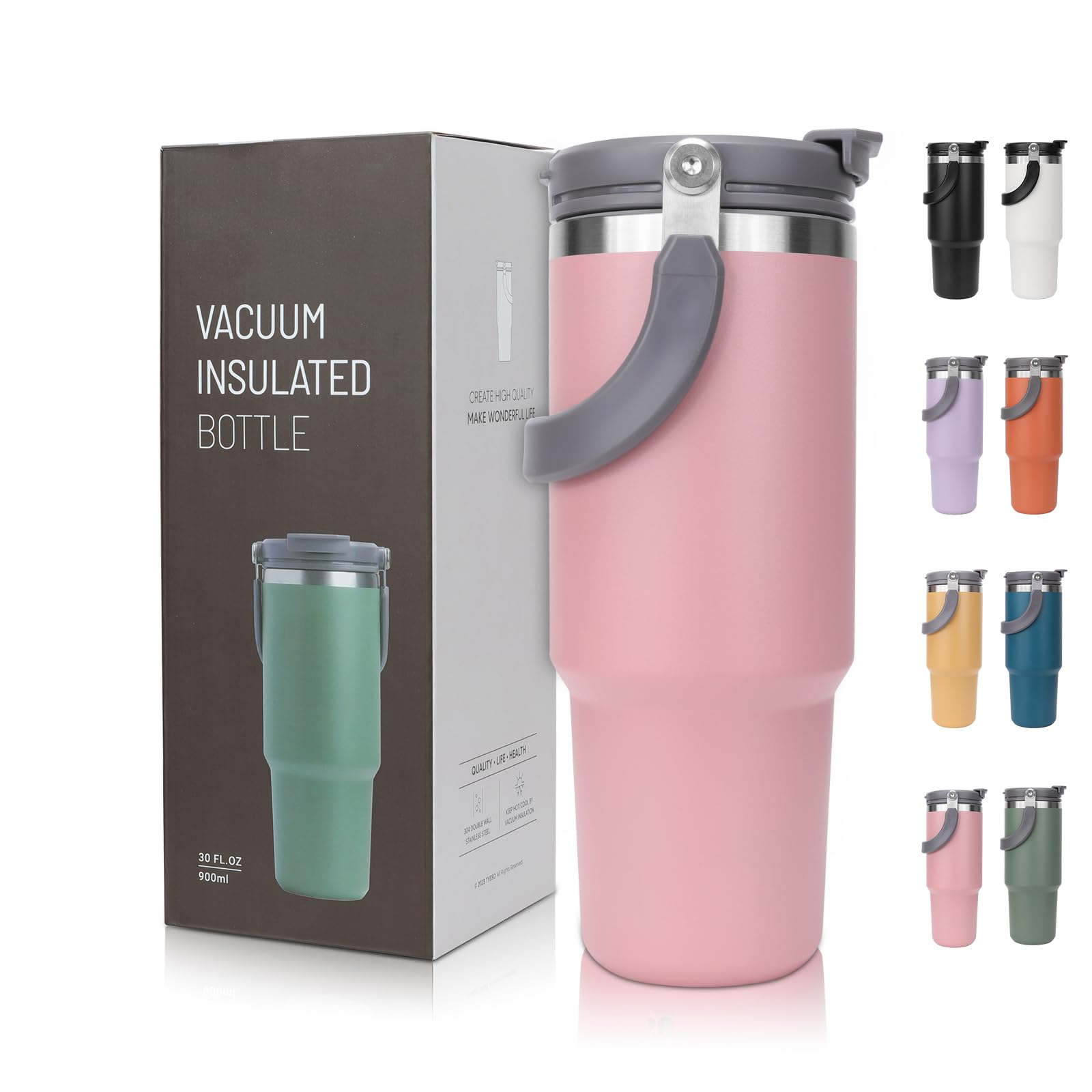 30 oz Tumbler with Handle and Straw Lid, Insulated Stainless Steel Double Walled Vacuum Water Bottle for Office, Home, Sport or Car, Travel Mug for Hot and Cold