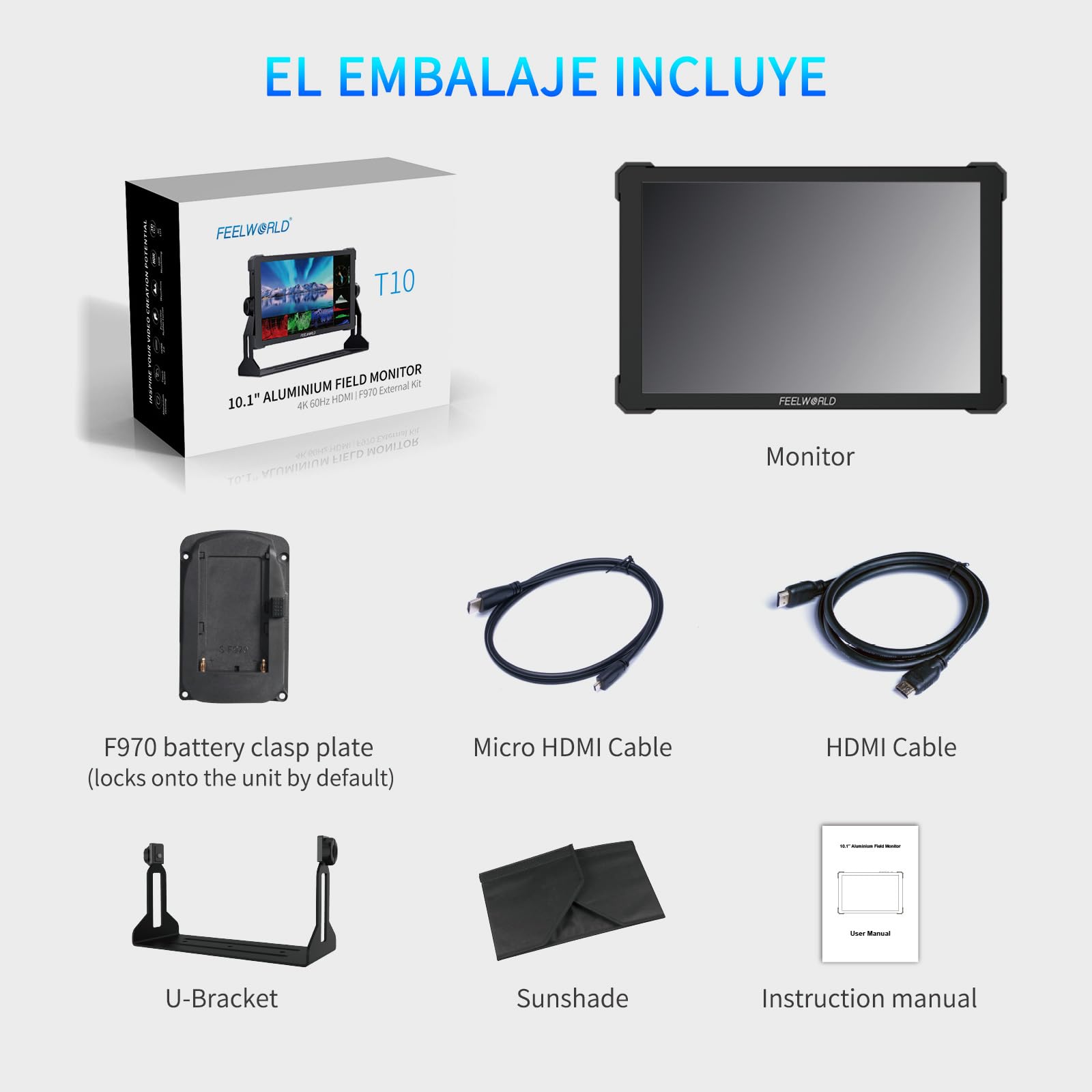 FEELWORLD T10 Pantalla táctil de 10,1 Pulgadas Monitor de Campo de cámara con HDR de Forma de Onda y 3D LUT out Carcasa de Aluminio con diseño de Esquinas Protectoras engomadas