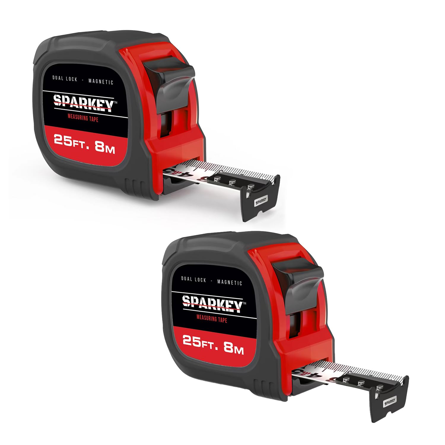 Sparkey Cinta métrica magnética retráctil, cinta métrica de 25 pies/8 m, herramienta de medición dual con cierre magnético y doble bloqueo, cinta eléctrica absorbente de golpes para construcción,