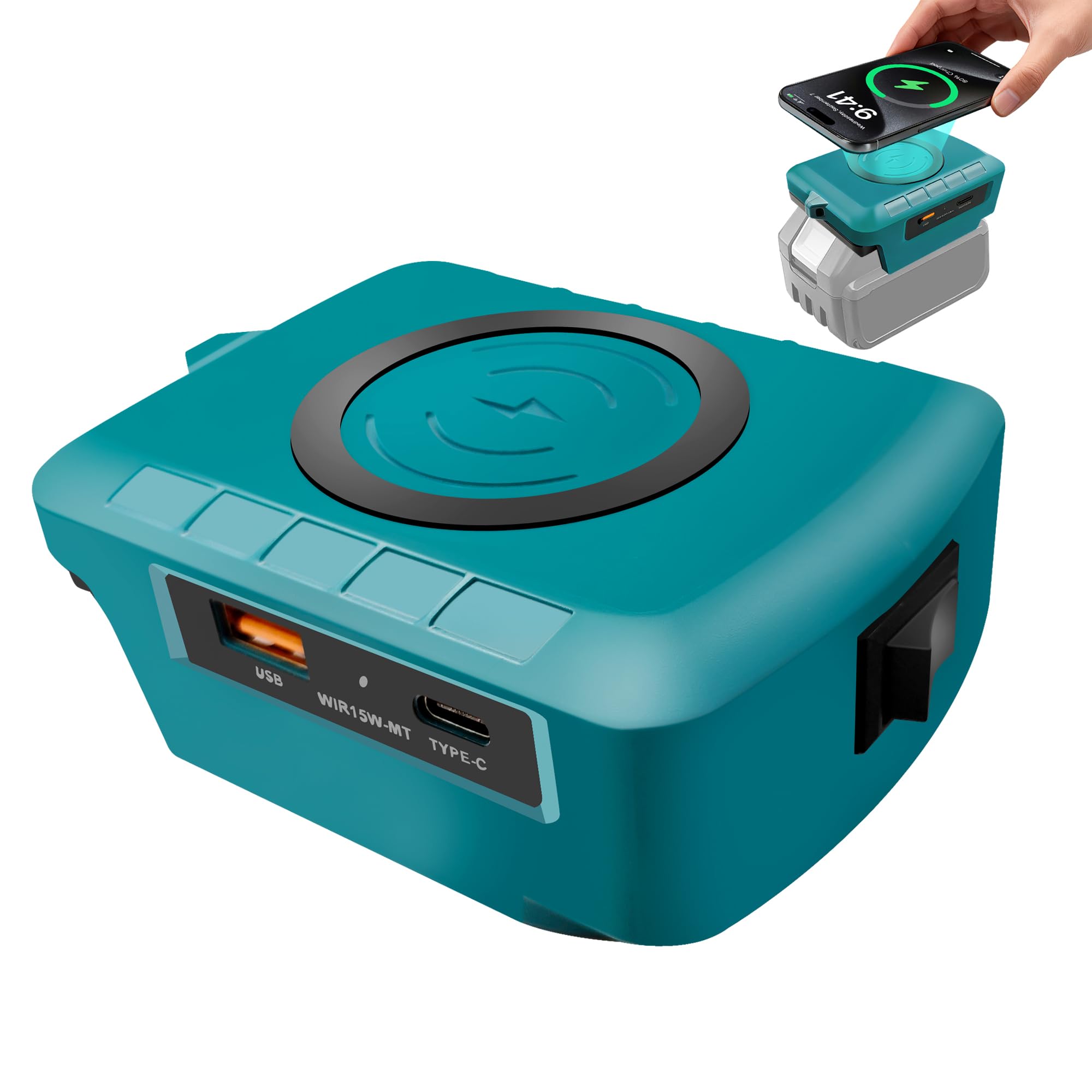 Wireless Phone Charger for Ma-kita 18V Battery,Battery Adapter with USB and Type-C Output, for Camping Travel,Outdoor Working (Wireless Charger for Ma-Kita 18V)