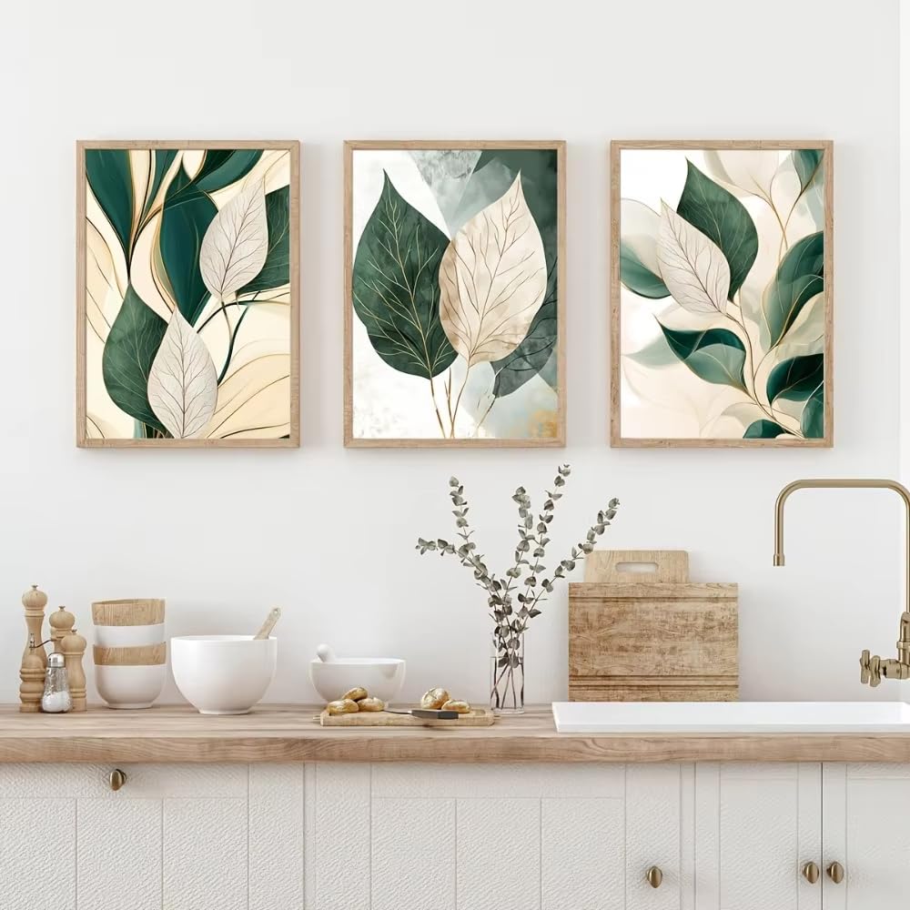 awtrhfc Frameless, Beige and Green Leaves, Art Poster with Gold and Green Leaf Decoration, Modern Home Art(30x40cm(12x16in) x3/No frame)