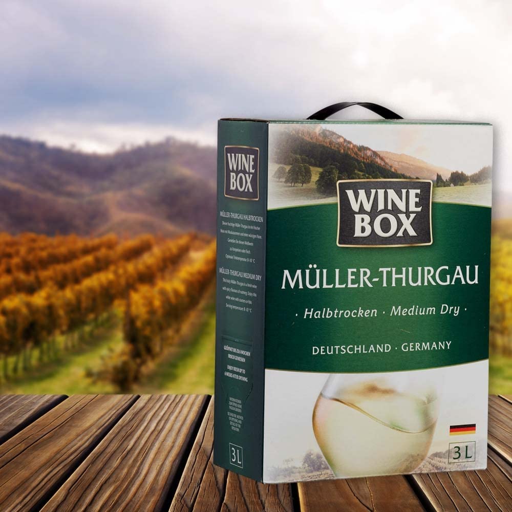 Wine Box Müller-Thurgau, halbtrocken, Bag-in-Box, sortenreines Weinpaket + VINOX Winecards (4x3,0l)