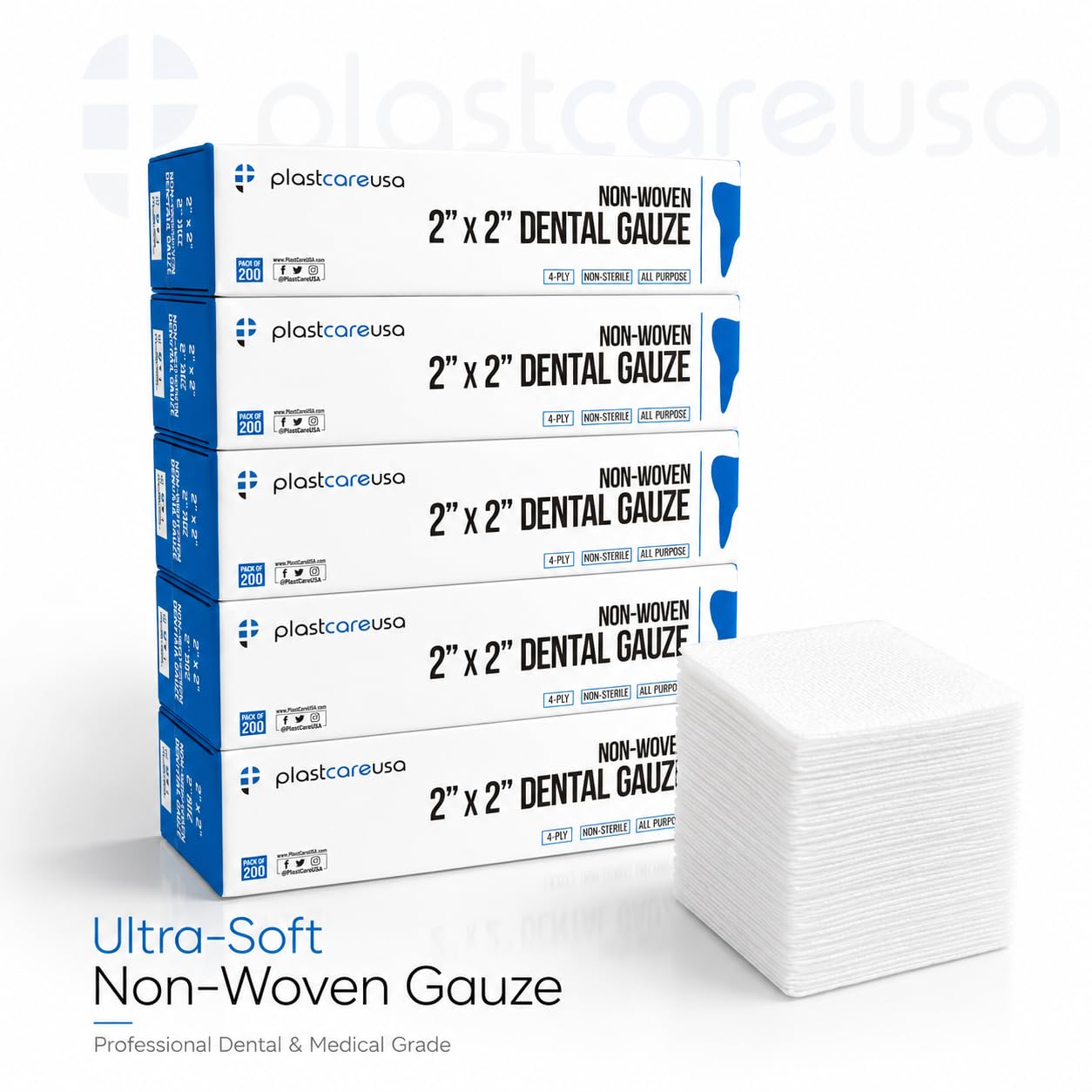 1000 Count 2x2 Gauze Pads - Soft 4-Ply Non Woven Sponges - Non Sterile Dental & Esthetic Wipes - All Purpose Medical Gauze Squares for First Aid, Surgical, Wound Dressing (5 Packs of 200) — Amazon image 2