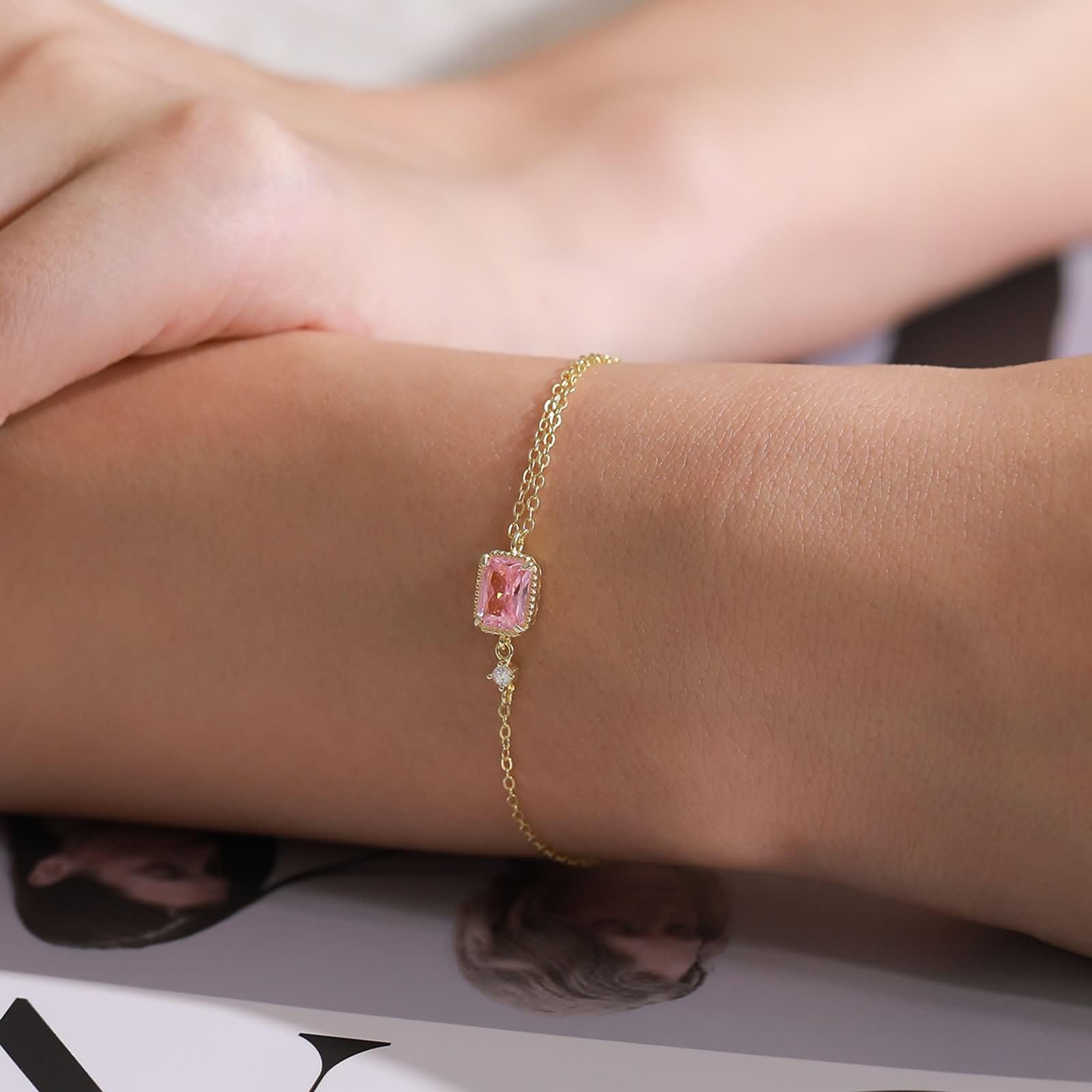 Pulseras Mujer de Oro 9 K / 14 K / 18 K, Rectángulo con Zafiro Rosa Creado de 0,5 ct y Moissanita, Cadena Extensible 16 CM + 5 CM, Pulseras para Mujer de Oro