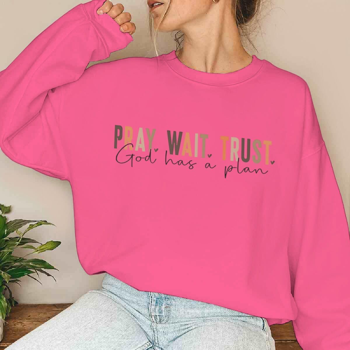 Pray Wait Trust God Has A Plan Christian Sweatshirt Women Cross Graphic Crewneck Pullover Religious Tops Plus Size - Image 3