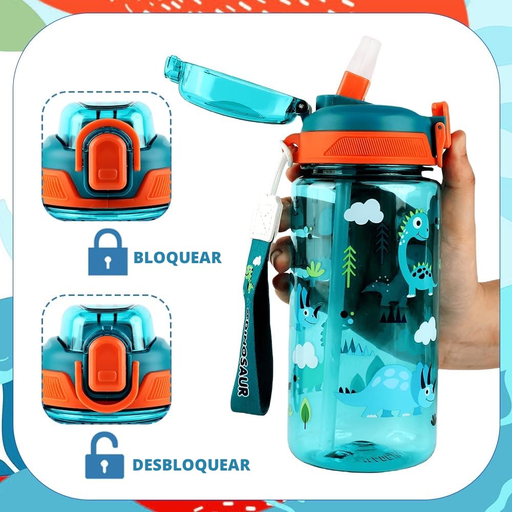 Botella Agua Niños, 600 ML, Robusta, a Prueba de Fugas, Sin BPA, con Apertura de un Solo Toque, Fácil de Limpiar, con Pajita, Ideal para La Colegio y el Exterior (Dinosaurio)