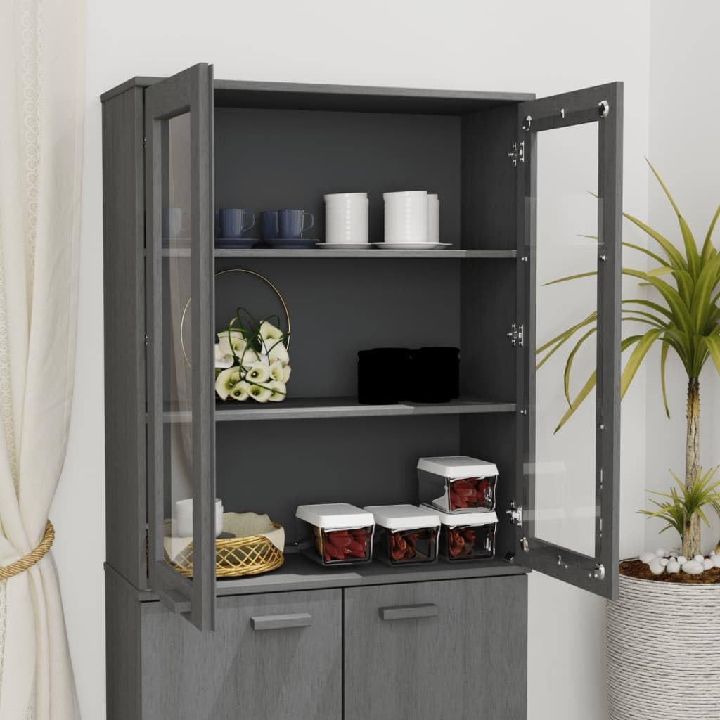 Solid Wood Pine Top for Highboard with Glass Doors and Three Shelves, Dark Gray 33.5"x13.8"x39.4" Cabinet Organizer for Decorative Storage