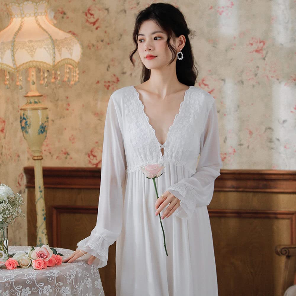 Nachthemd Damen Sexy,Damen-Nachthemden, Weißes V-Ausschnitt, Florales Spitzennetz, Elegantes Schlafhemd, Weiches, Bequemes, Langärmliges Nachthemd, Nachtwäsche, Loungewear Für Damen, Mädchen, P
