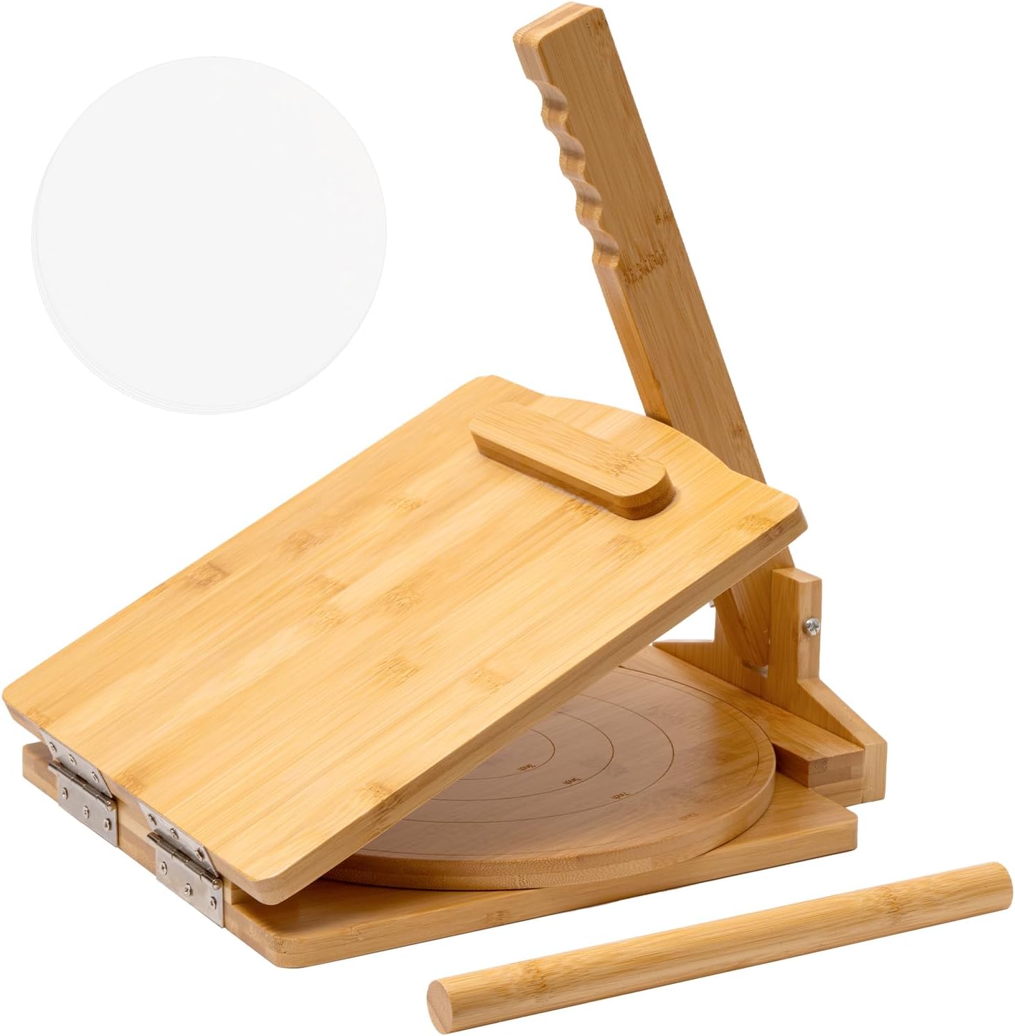 2025 Upgraded Wooden Tortilla Press 10 Inches Rotatable 10" Wood Tortilla Press Maker, with Rolling Pin & 50 Pcs Parchment Paper, for Homemade Tortillera, Roti, Chapati, Taco, Pataconera, Burritos