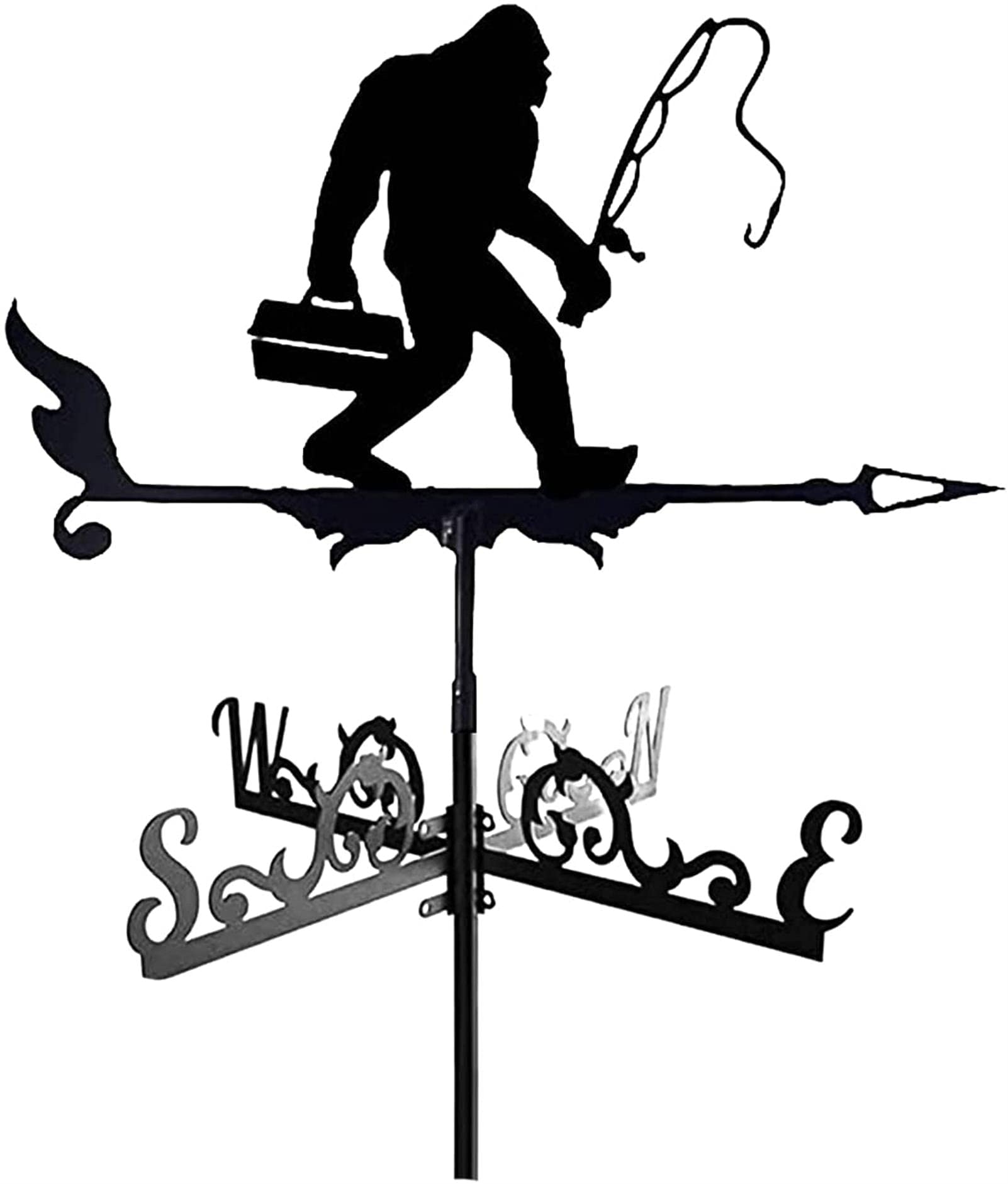 QHYXT Weathervane Bigfoot Fishing Weathercock Stainless Steel Weather Vane Windblown Direction Indicator for Outdoor Roof Farm Yard Mount Yard Decor