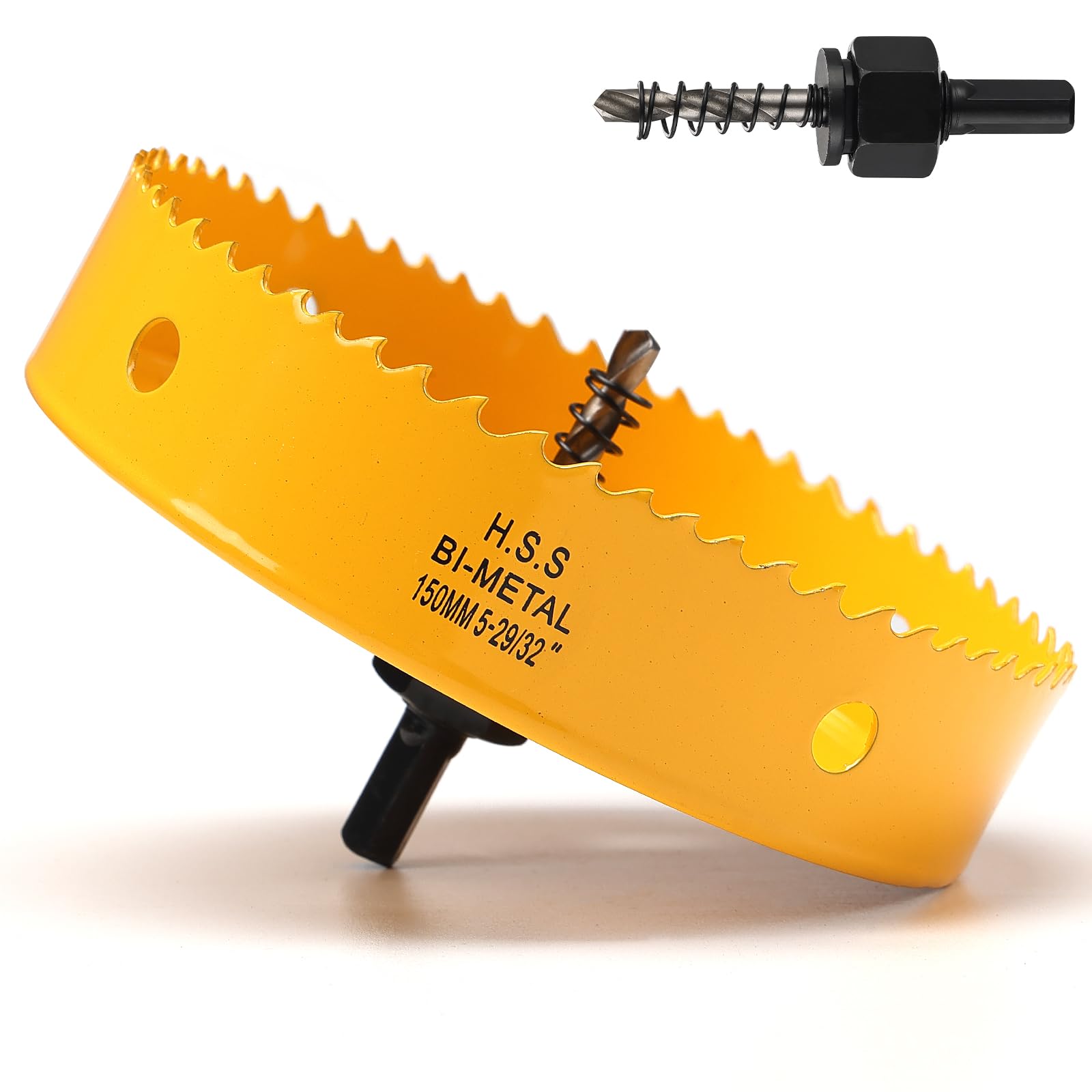 150mm Hole Saw, HSS Bi-Metal Hole Cutter with Drill Bit for Wood Plastic, PVC, Fiberglass and Plasterboard, Yellow