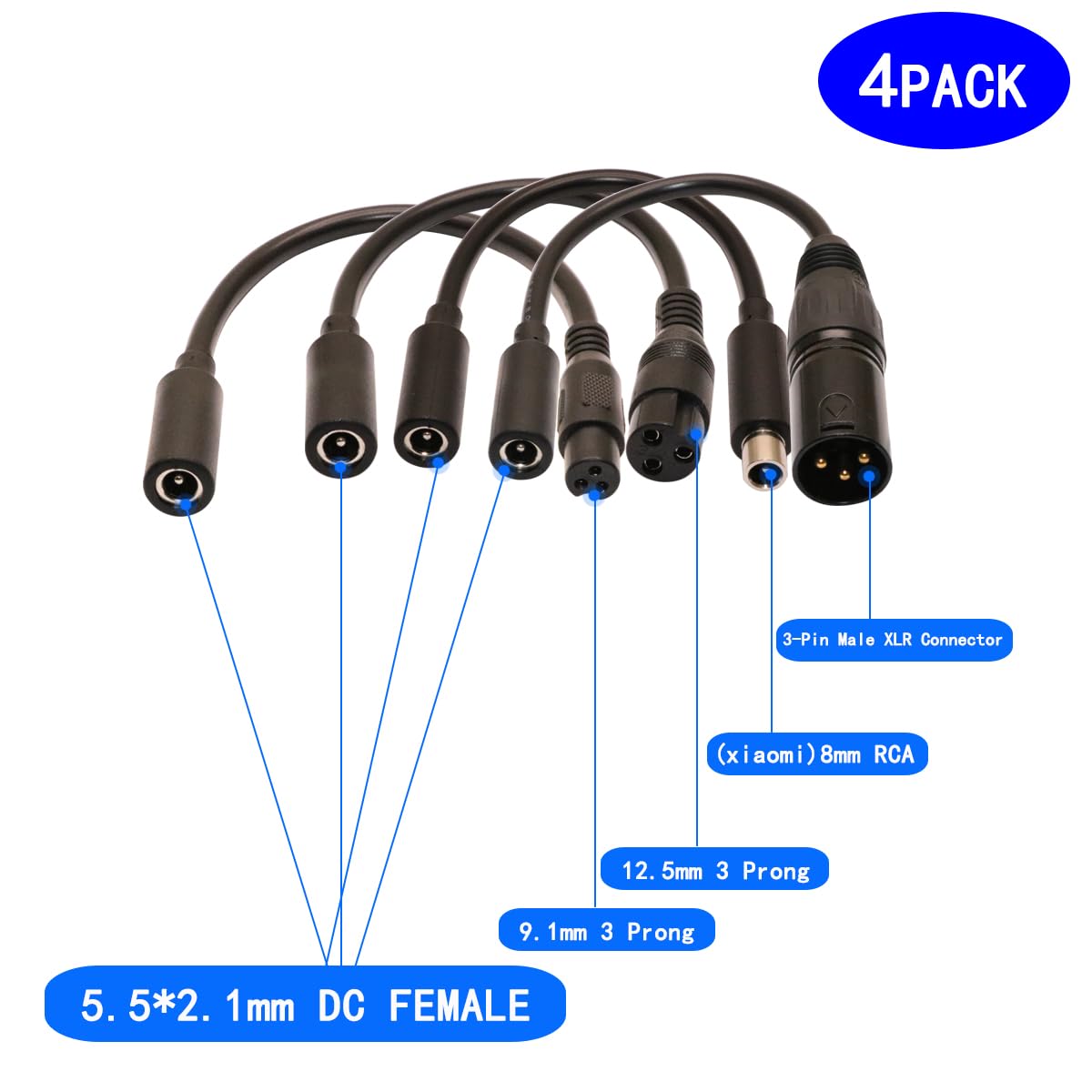rgzhihuifz 42V 2A Charging Adapter Cable Universal 4 Plugs Replacement for 36V Lithium Battery, Pack DC 5.5 * 2.1 with 8mm 3 Prong /12mm 3 Prong /8mm RCA/3-Pin Male XLR Connector, Power Supply Cord
