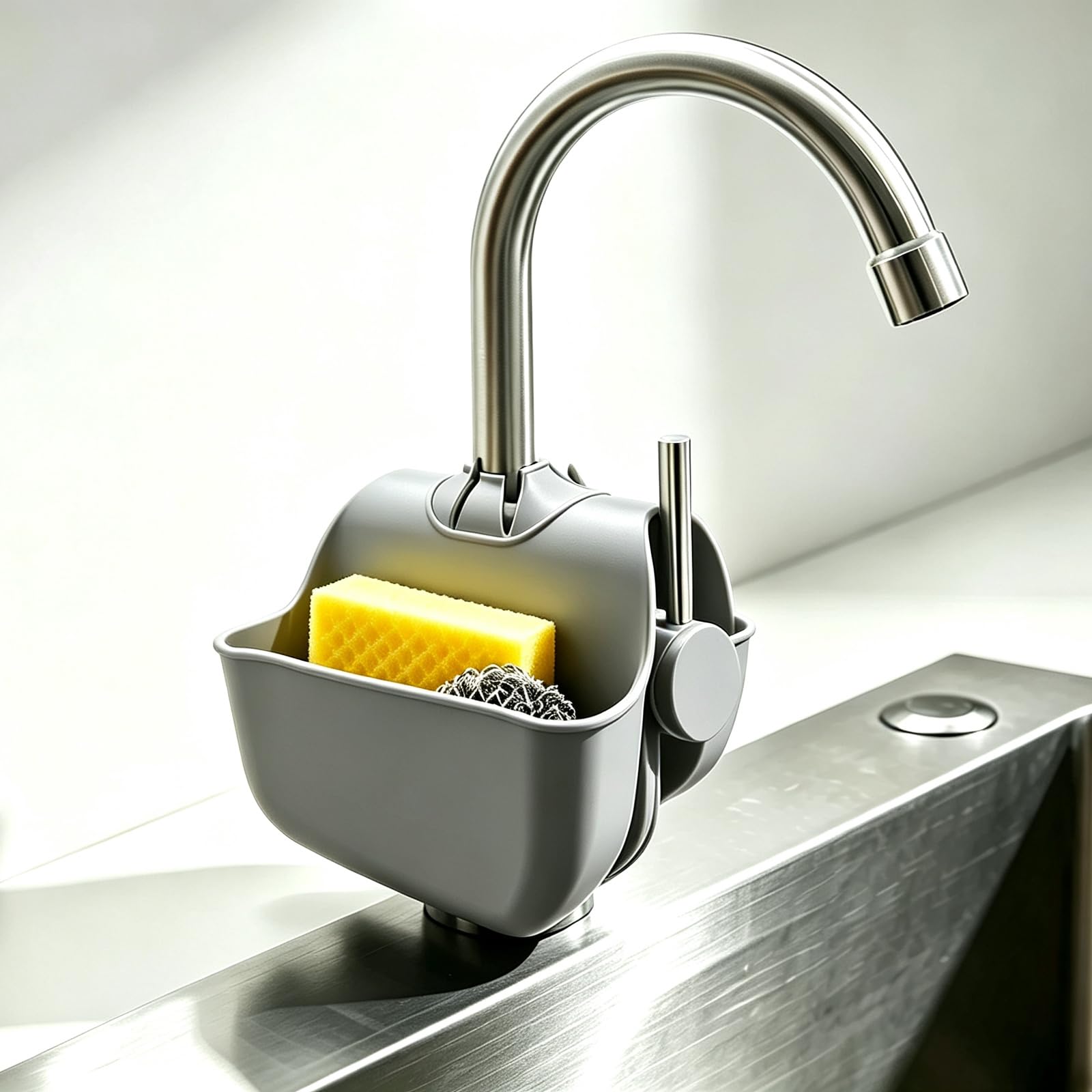 Panier d'évier en silicone – Organiseur de cuisine pour éponges et brosses à vaisselle – Support de robinet de salle de bain (gris)