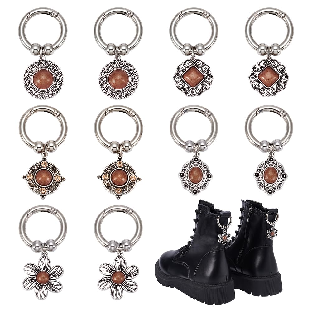 10pcs Shoe Charms, 5 Styles Goth Boot Shoelace Charms Detachable Metal Shoe Decoration Shoes Clips with Buckle for Sneakers Boots Women, Platinum