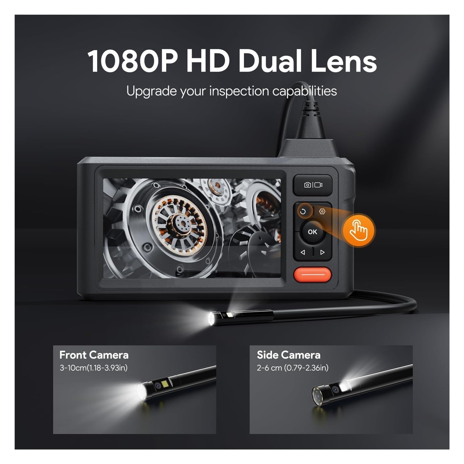Endoskop, Kamera endoskopowa, podwójny obiektyw 1080P 8 mm, duży ekran IPS o przekątnej 5 cali, kabel długości metrów, wodoodporność IP67