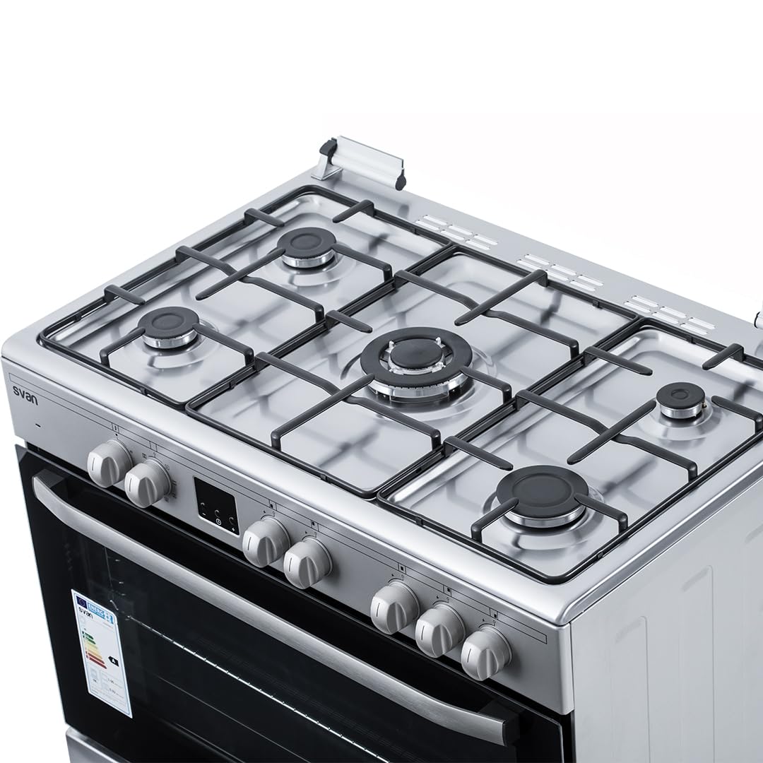 Svan Cocina Mixta gas Butano 5 Zonas de Cocción, Horno 97 L, Inox SKMW5901X. Control Manual, Quemador WOK triple llama, 9 Programas de Cocción, Tapa Abatible