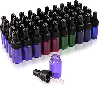 Furnido 50 Pack 3ml Glass Dropper Bottles Mix color Sample Vial with Glass Pipette Dropper for Eye Dropper Essential Oil Bottle,Perfume Aromatherapy Cosmetic Container-Pipette&Stickers included