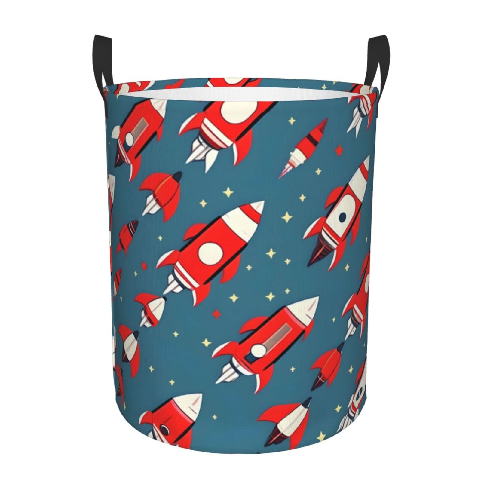 M Collapsible Laundry Hamper Round Cartoon Rockets Print Storage
