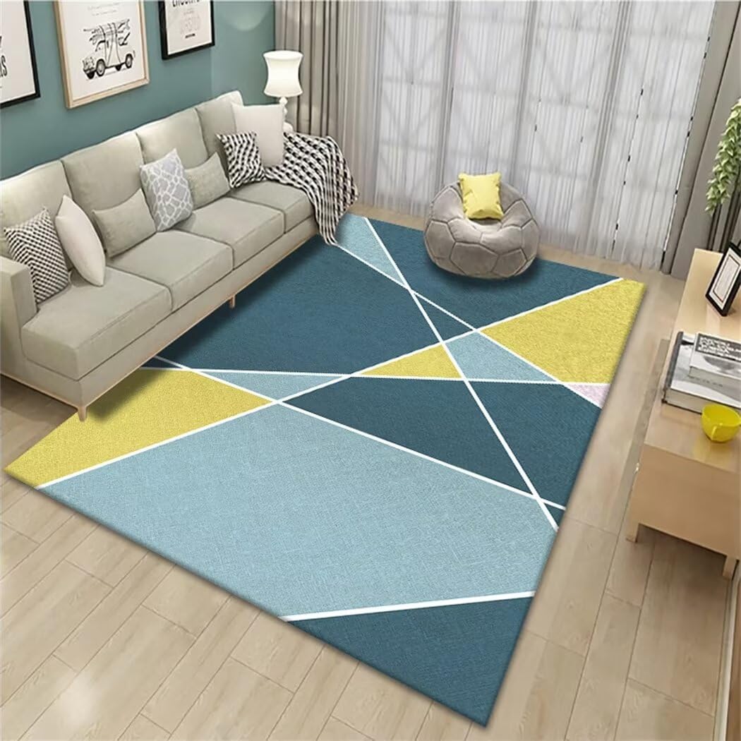 Tapis de salon bleu géométrique 50x80 cm lavable pour chambre d'enfant