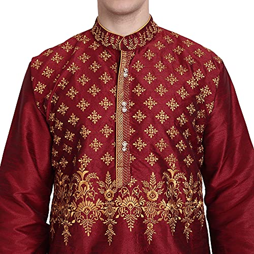 SKAVIJ Men's Kurta Pajama 2-Piece Set Art Silk Embroidered Party Wear Suit3