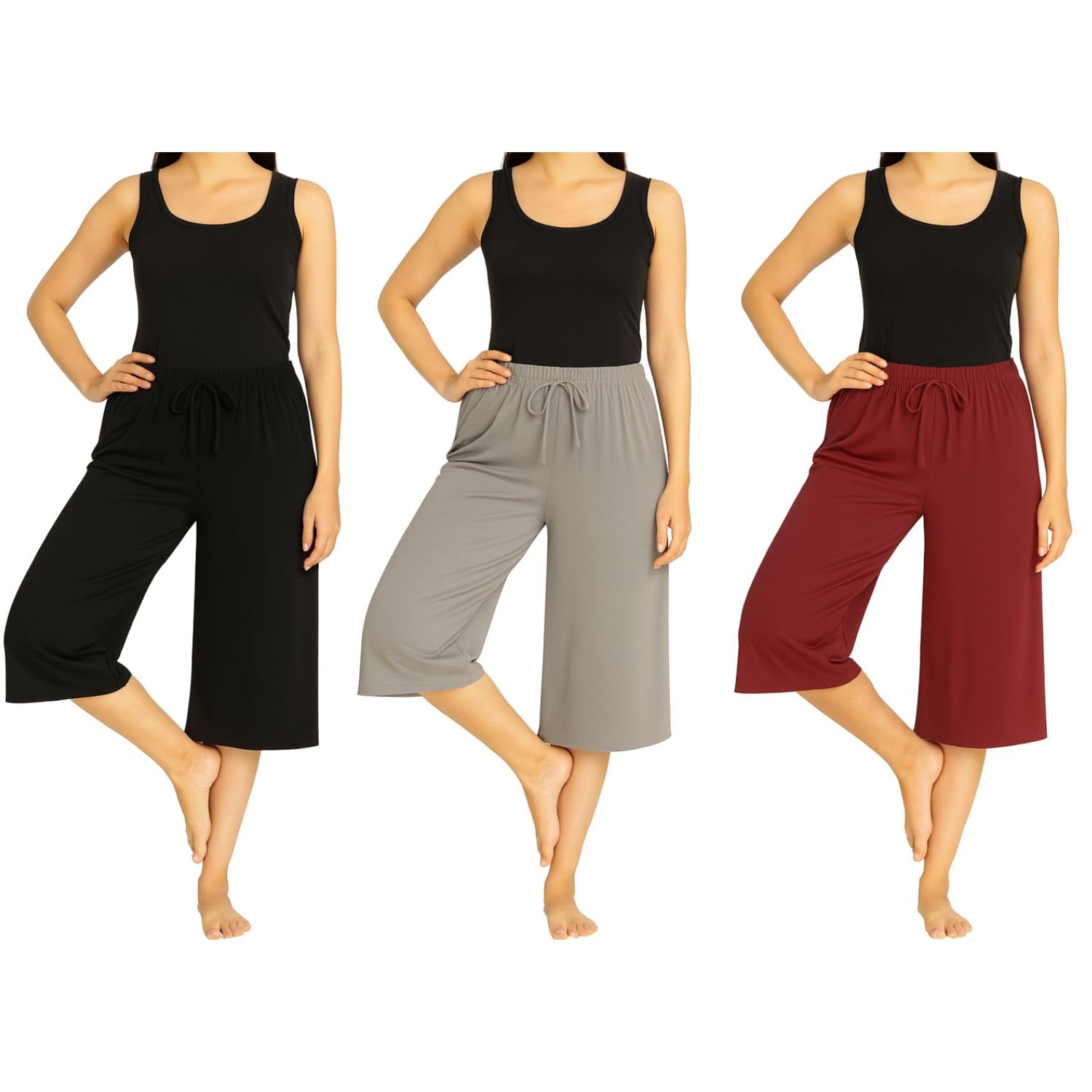 Women's Cotton Plain Capri Pants, Loosefit Yoga Pants 3Pack (BGM)-image-45