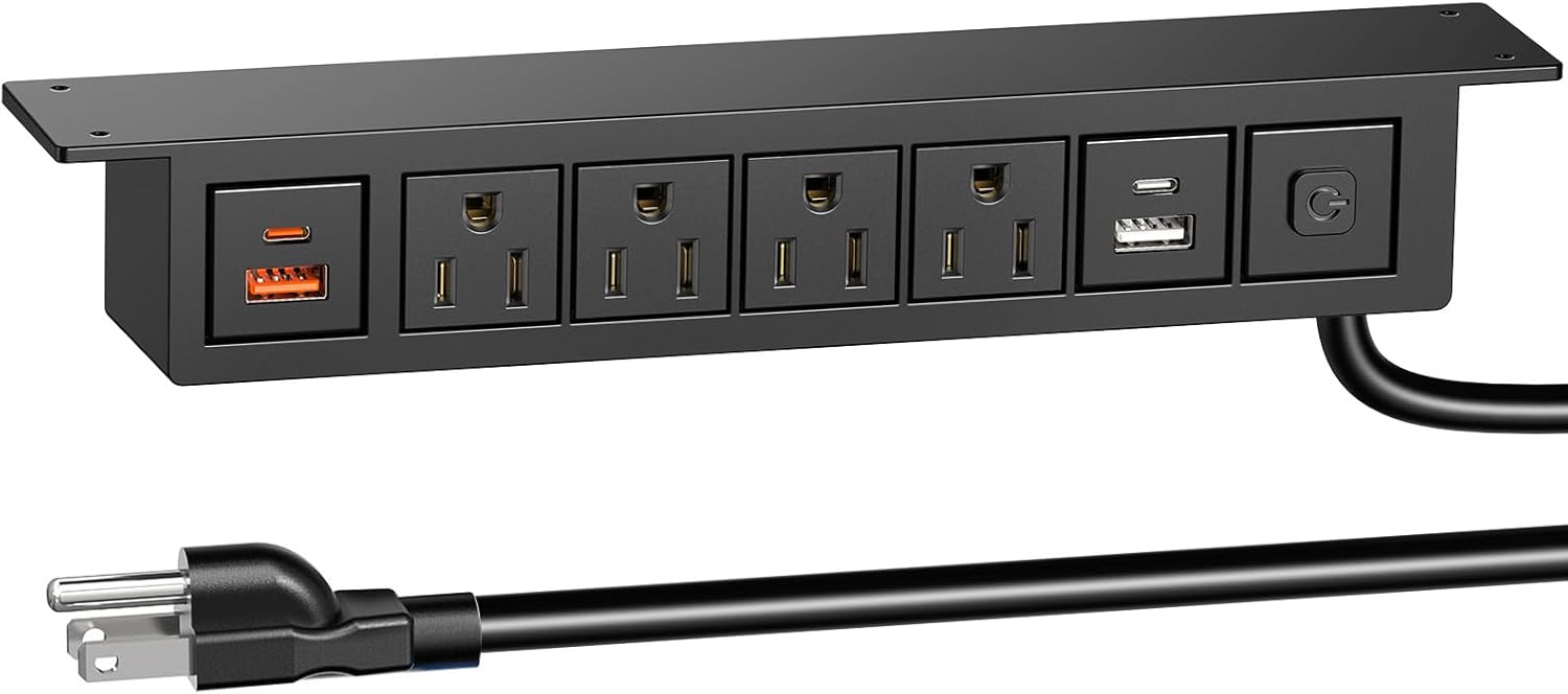 Under Desk Power Strip with 20W USB C, QBA 8-in-1 Desk Outlet Station, 4 AC Outlets, 2 USB-C, 2 USB-A, 10FT Cable, Desk Mount Power Strip for Home Office Conference, ETL Listed(Black)