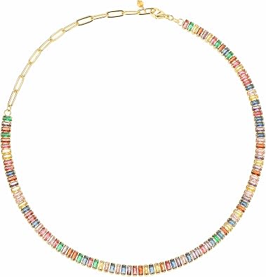 14K Gold Plated Simulated Diamond Tennis Necklace for Women, Rectangle Cubic Zirconia Stones Choker Necklaces Baguette Tennis Chain Dainty Jewelry Gift