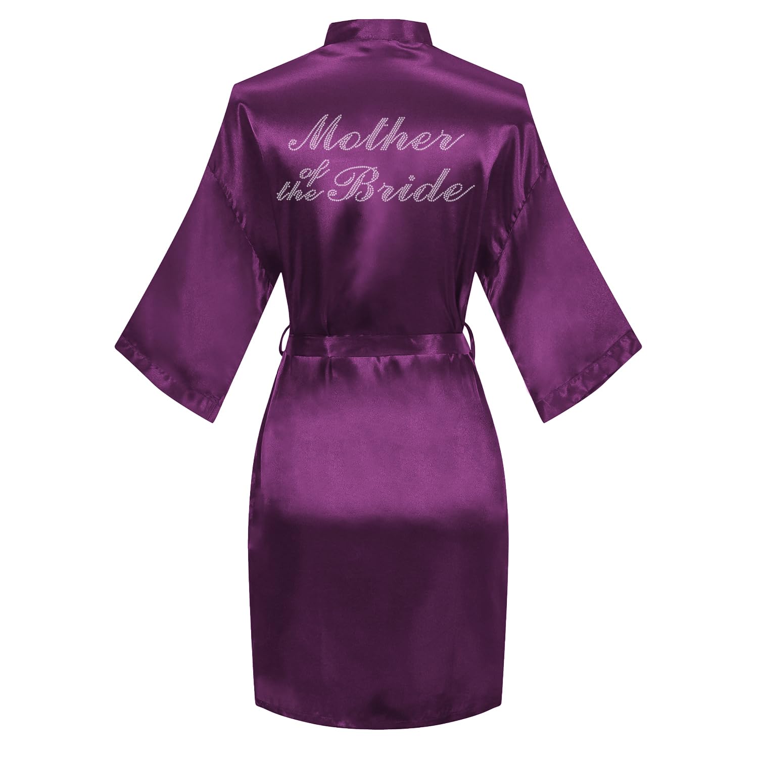 Women's Satin Robe Bride Bridesmaid Short Kimono Robes with Silver Rhinestones for Wedding Party Getting Ready