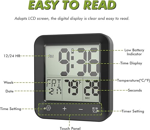 Miniatura 3 de Reloj de ducha impermeable con temporizador de baño, reloj de pared digital con cuenta atrás, pantalla táctil, temperatura, pantalla LCD, soporte de
