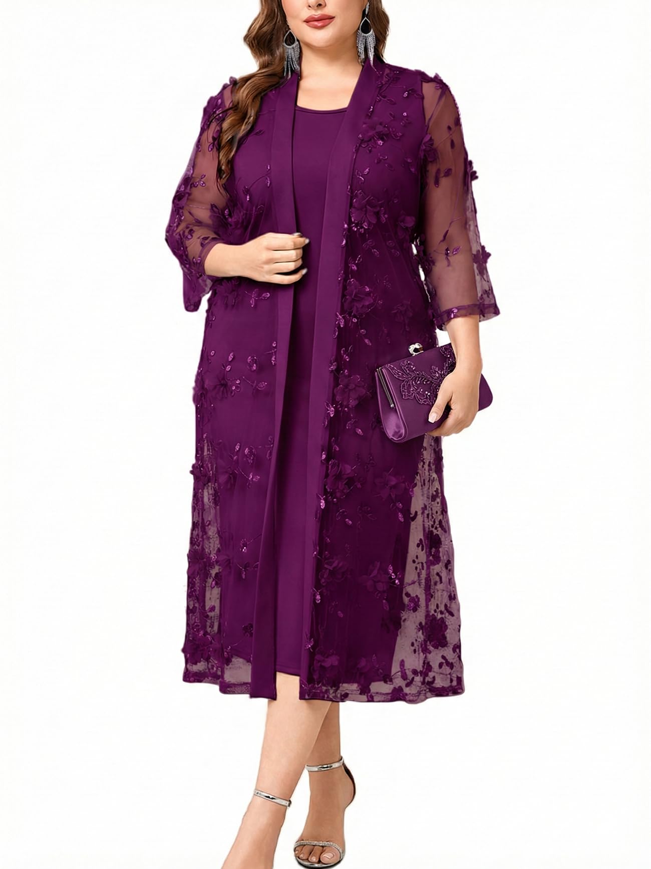 TIARALY Plus Size Mother of The Bride Formal 2 Piece Dress Set with 3D Floral Mesh Jacket Dressy Suit Outfits Guest