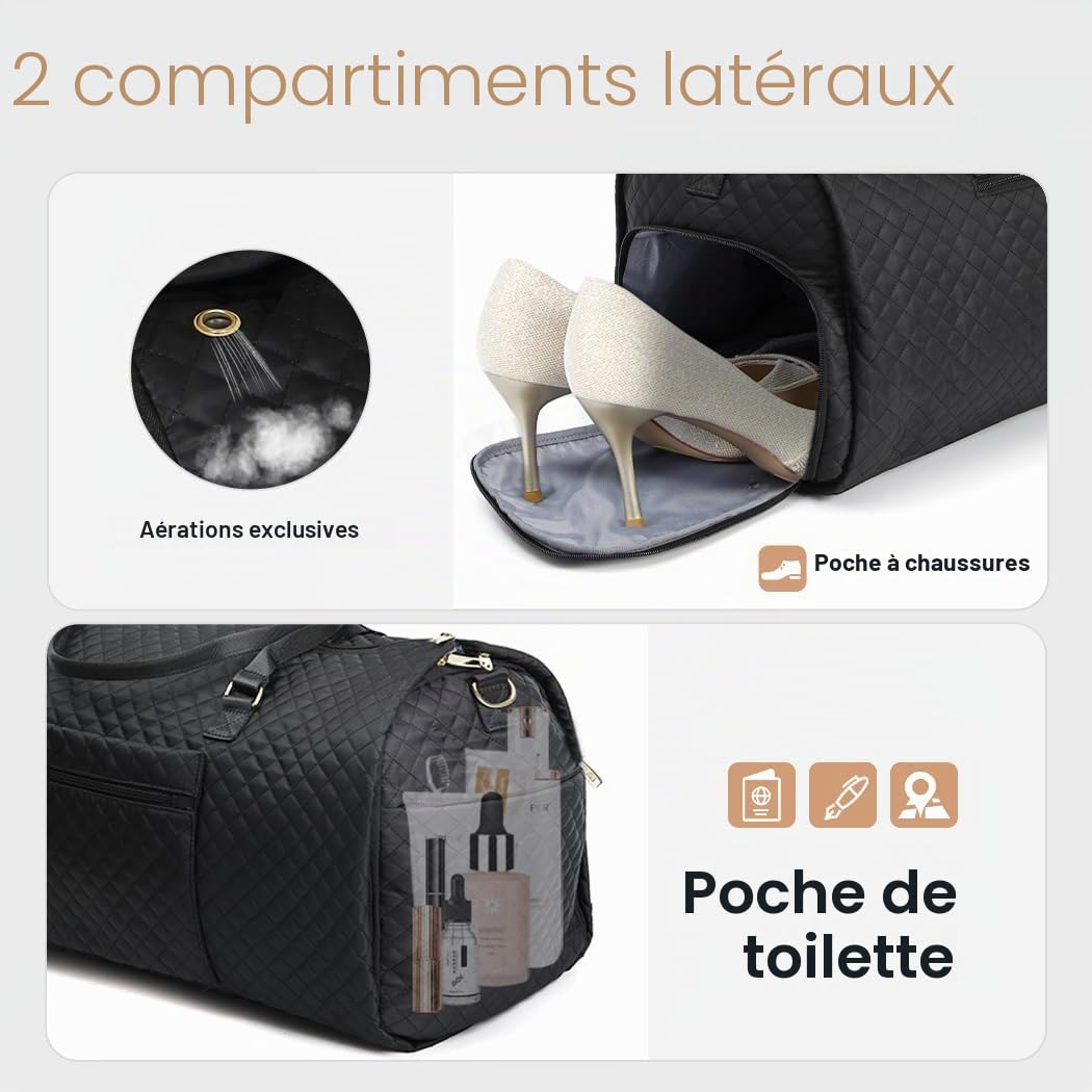 Lekeinchi Sac à Vêtements 2 en 1 pour Femme avec 6 Cubes de Rangement et Compartiment à Chaussures - Sac de Sport pour Avion - Grand Sac de Voyage Pliable pour Week-End, Voyage, Gym - Noir