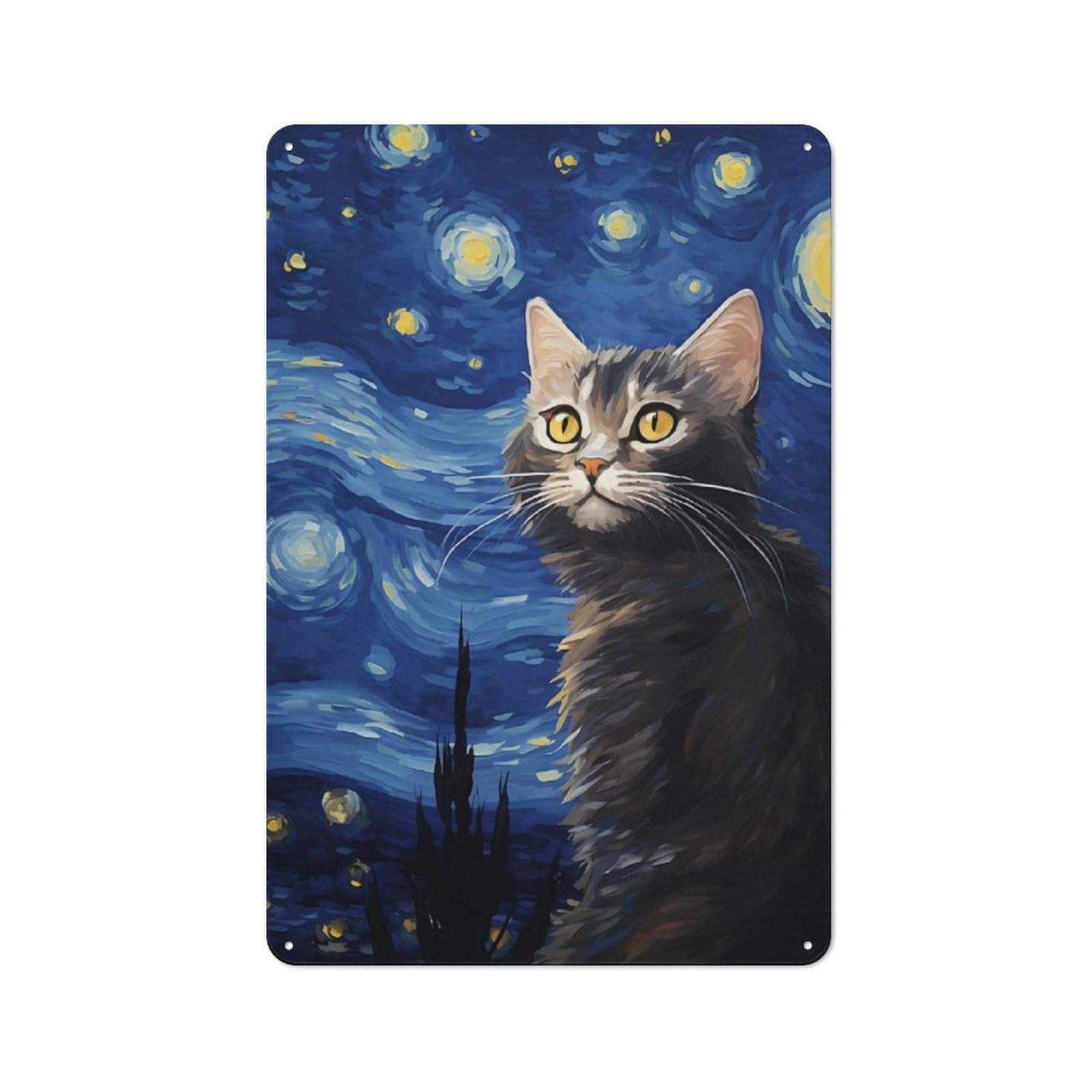 Junmoney Cat In Starry Night Metal Plaque 30X20cm With For Garage Wall, Retro Decor, For Garage Decor Collectors Refreshing A Room In Autumn