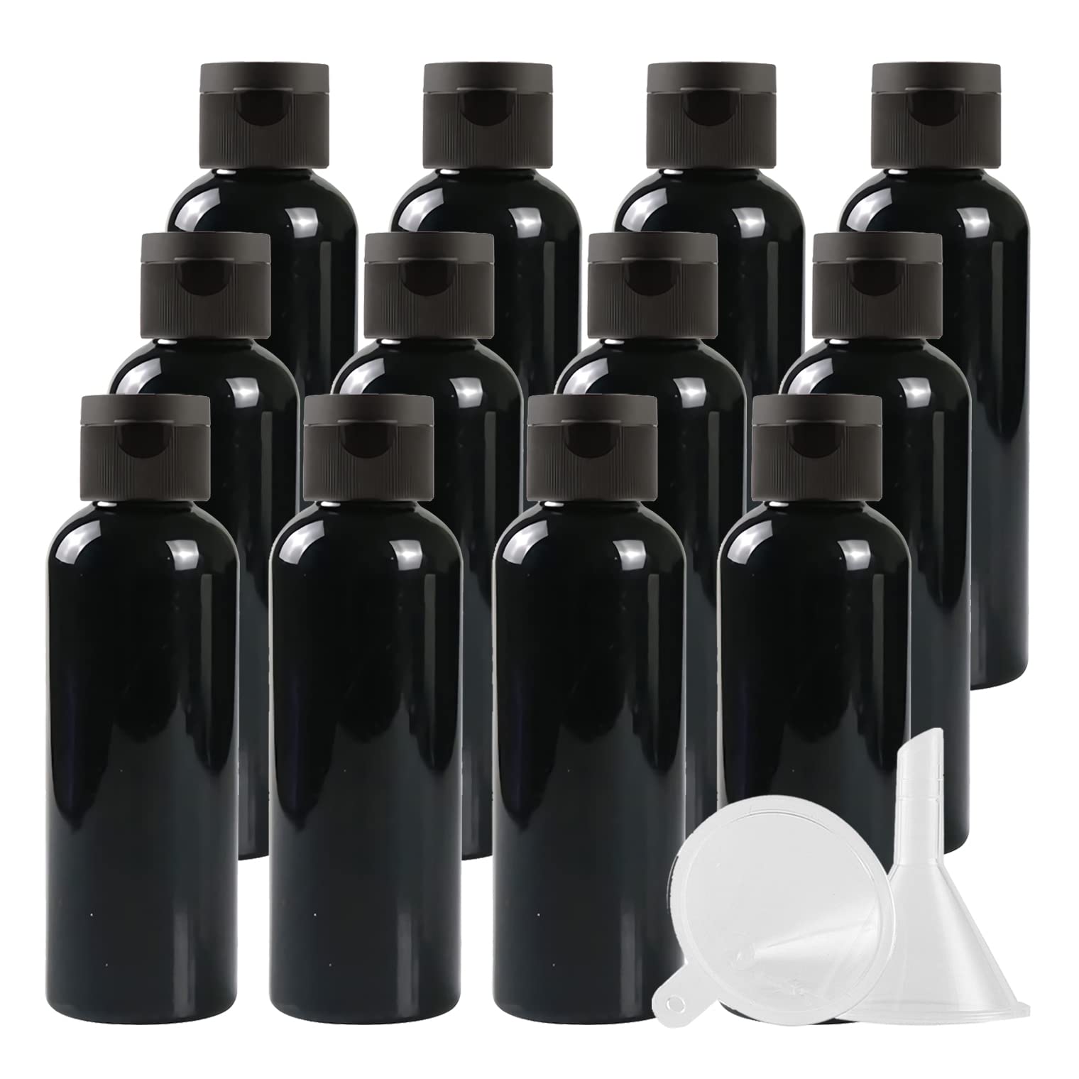 12 Pièces 100 ML Noir Bouteille en Plastique avec Bouchon à Charnière Noir, DIY Vider Bouteille Ronde en PET de Voyage pour Cosmétiques Liquides