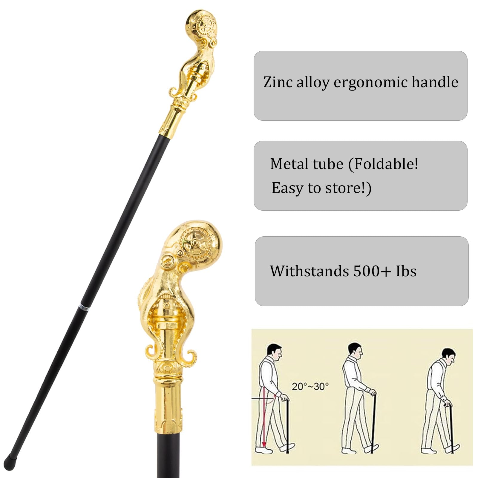 Bastone da Passeggio a Forma di Polpo, con 2 Bastoni Staccabili 94 Cm | Antiscivolo, Impugnatura Ergonomica, Per Feste In Stile Cosplay Vintage, Per Uomini, Donne E Anziani