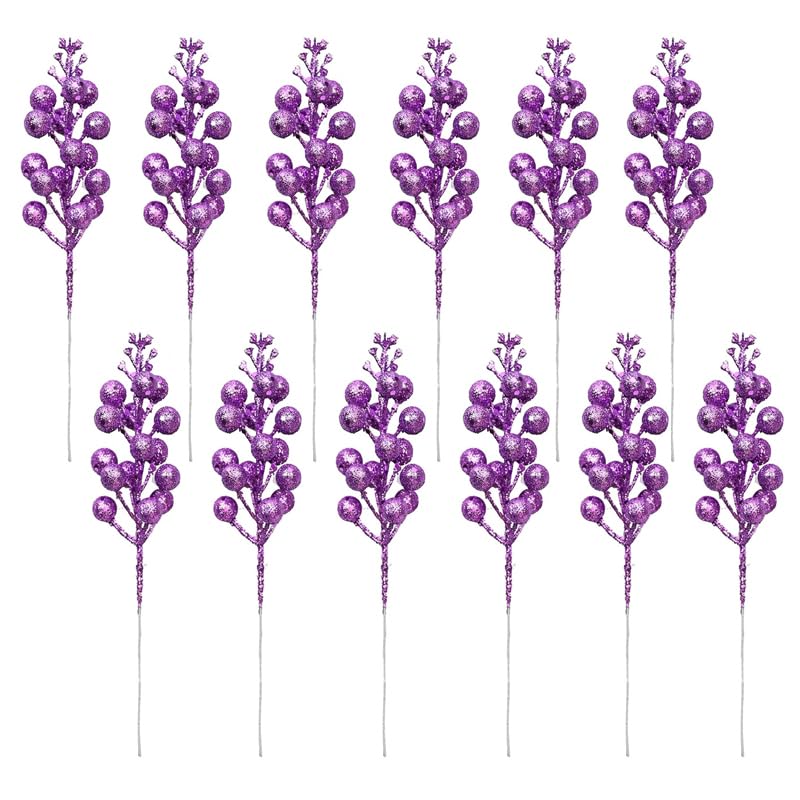 Artificial Berry Picks Sprays Holly Berries Twigs Branches for Diy Crafts Wreath Making Supplies Christmas Tree Decoration Holiday Home Decor (Purple 12Pcs)