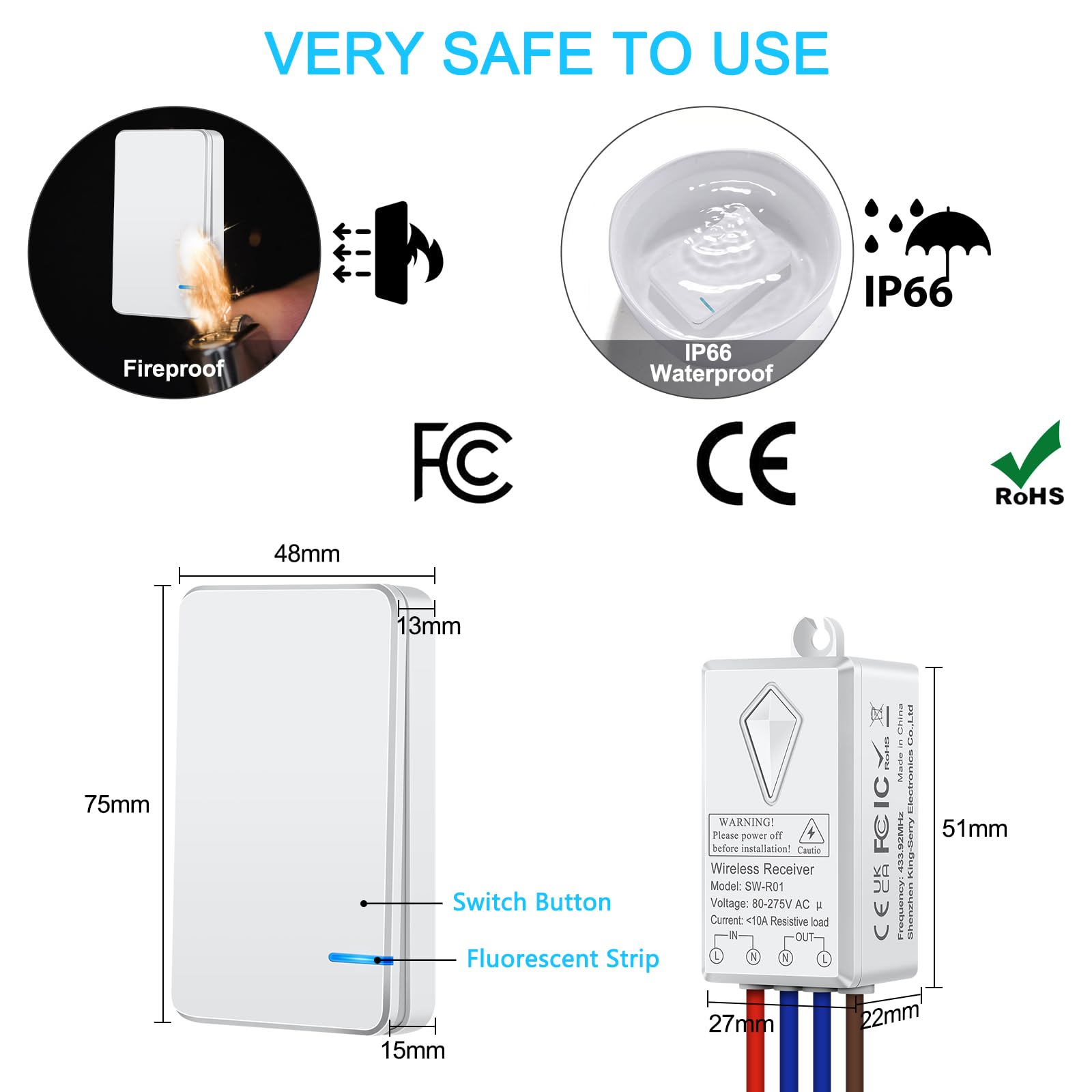 NineLeaf - Kit de interruptor inalámbrico portátil para lámparas LED con mando a distancia Receptor inalámbrico sin cableado No requiere batería, fácil de instalar (3 interruptor 1 receptor)